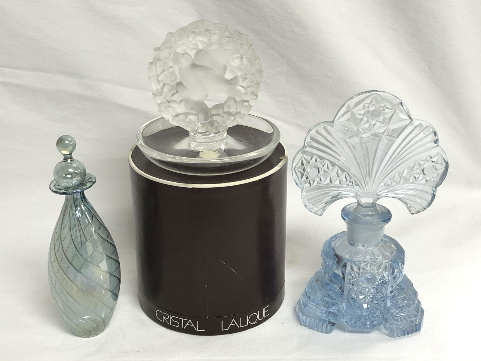 Signed Lalique Ring Holder, (2)Art Glass Perfumes -: Signed Lalique Ring Holder, (2)Art Glass Perfumes - Parise Vetro Perfume w/ Tags, Lalique w/ Box & Blue Cut Glass Perfume
