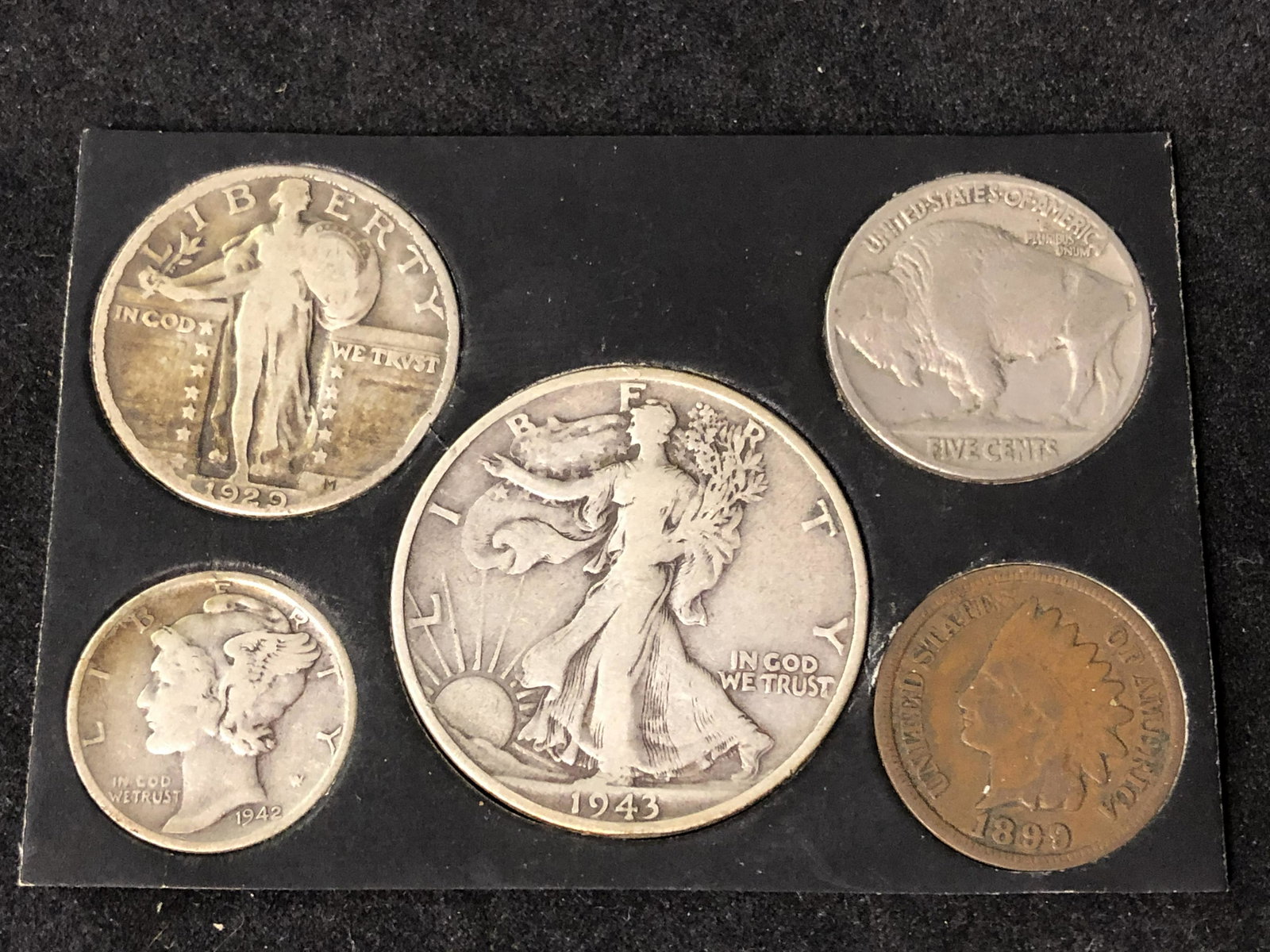 (5)Asst US Coins (1899 - 1943) - 1943 Walking Liberty,: (5)Asst US Coins (1899 - 1943) - 1943 Walking Liberty, 1942 Mercury Dime, 1929 Standing Liberty Quarter, 1937 Indian Head Nickel & 1899 Indian Head Cent