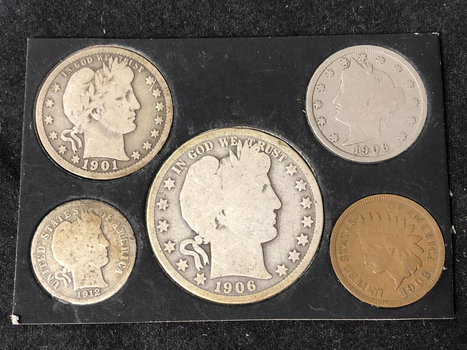 (5)Asst US Coins (1903 - 1912) - 1901 Barber Quarter,: (5)Asst US Coins (1903 - 1912) - 1901 Barber Quarter, 1906 Barber Half Dollar, 1906 Liberty Head 'V' Nickel, 1912 Barber Dime & 1903 Indian Head Penny - Various Grades