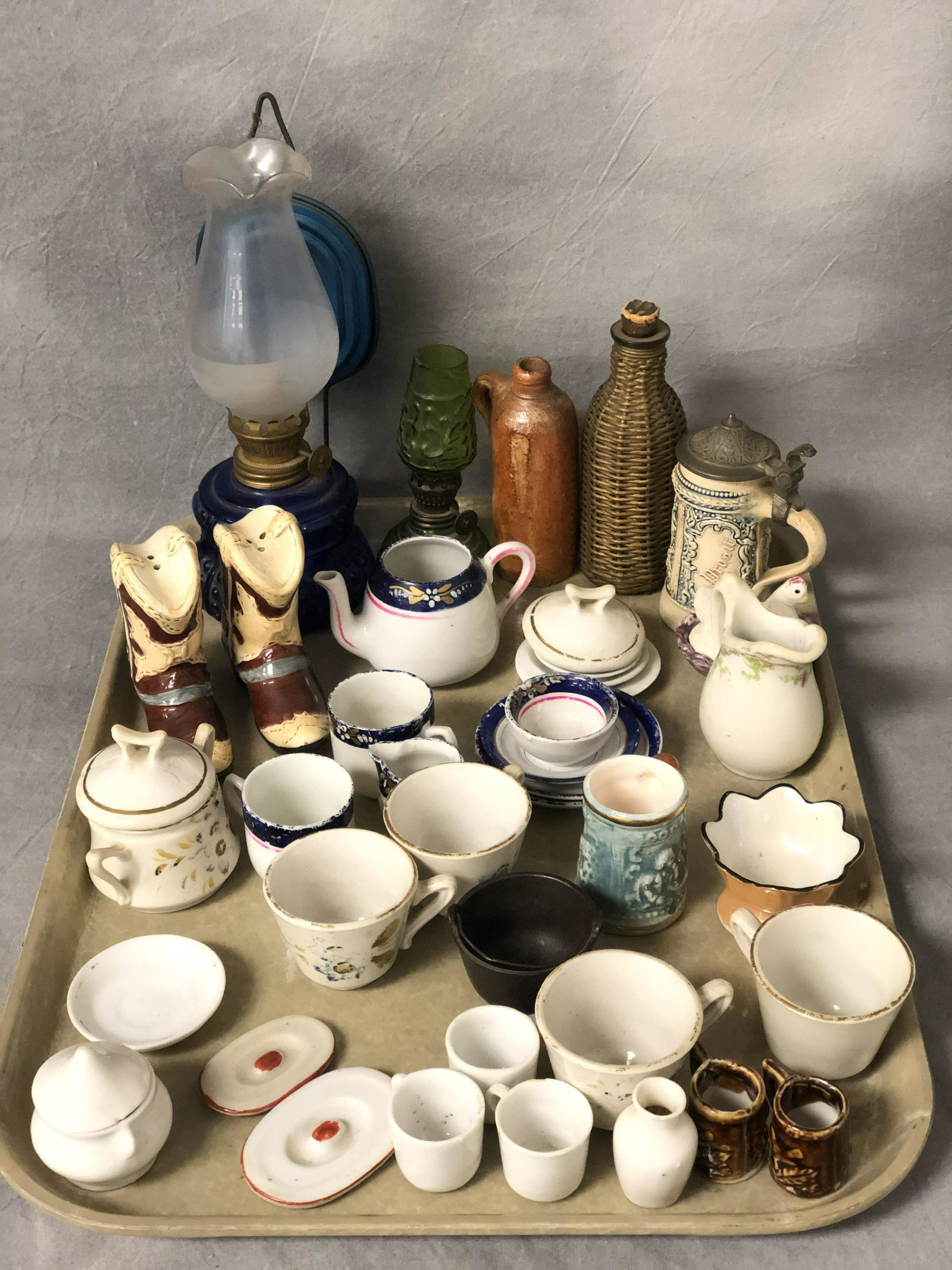 Vintage Miniature Porcelain, Glass Oil Lamps, More -: Vintage Miniature Porcelain, Glass Oil Lamps, More - Stein, Dishes, Cowboy Boot Salt/Pepper & More