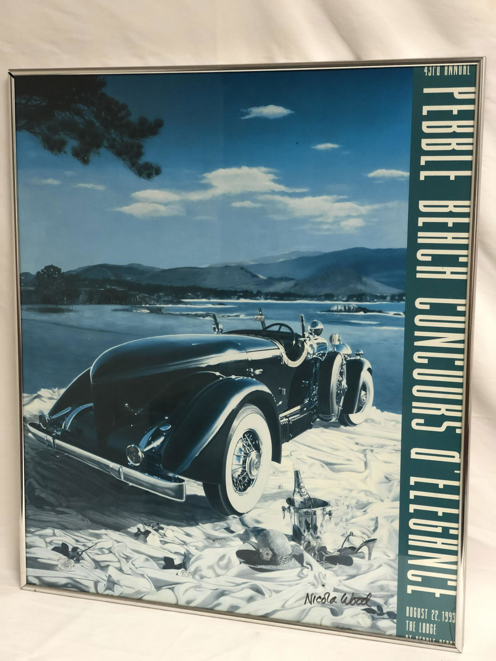 Signed Pebble Beach Concours D' Elegance Poster -: Signed Pebble Beach Concours D' Elegance Poster - Signed 'Nicola Wood', Framed 24'' x 28''