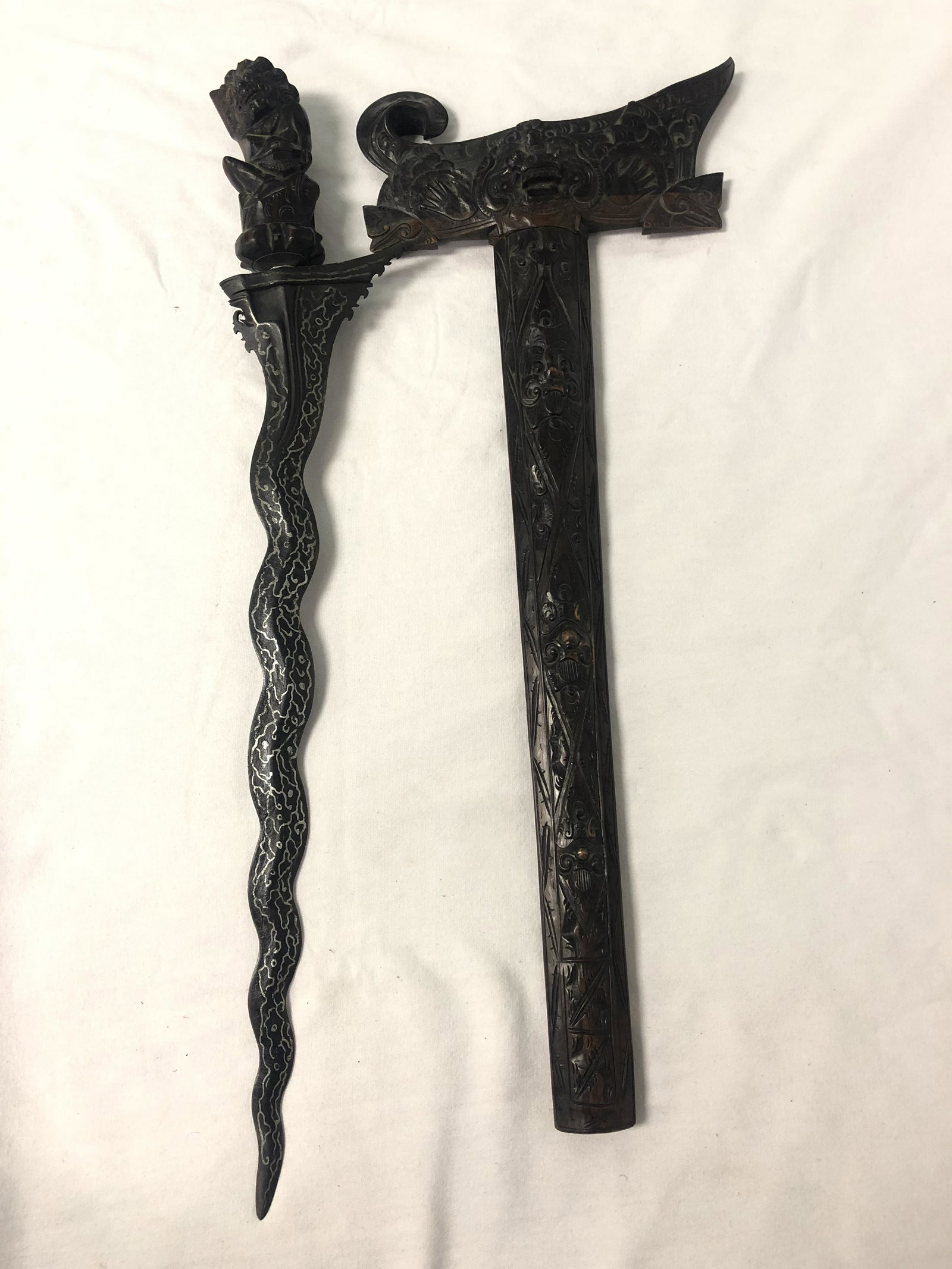 Balinese Wooden Kris, Curved Blade w/ Sheath - Carved: Balinese Wooden Kris, Curved Blade w/ Sheath - Carved Figural Handle, Blade 15.5'' Long , Overall 24.5'' Long