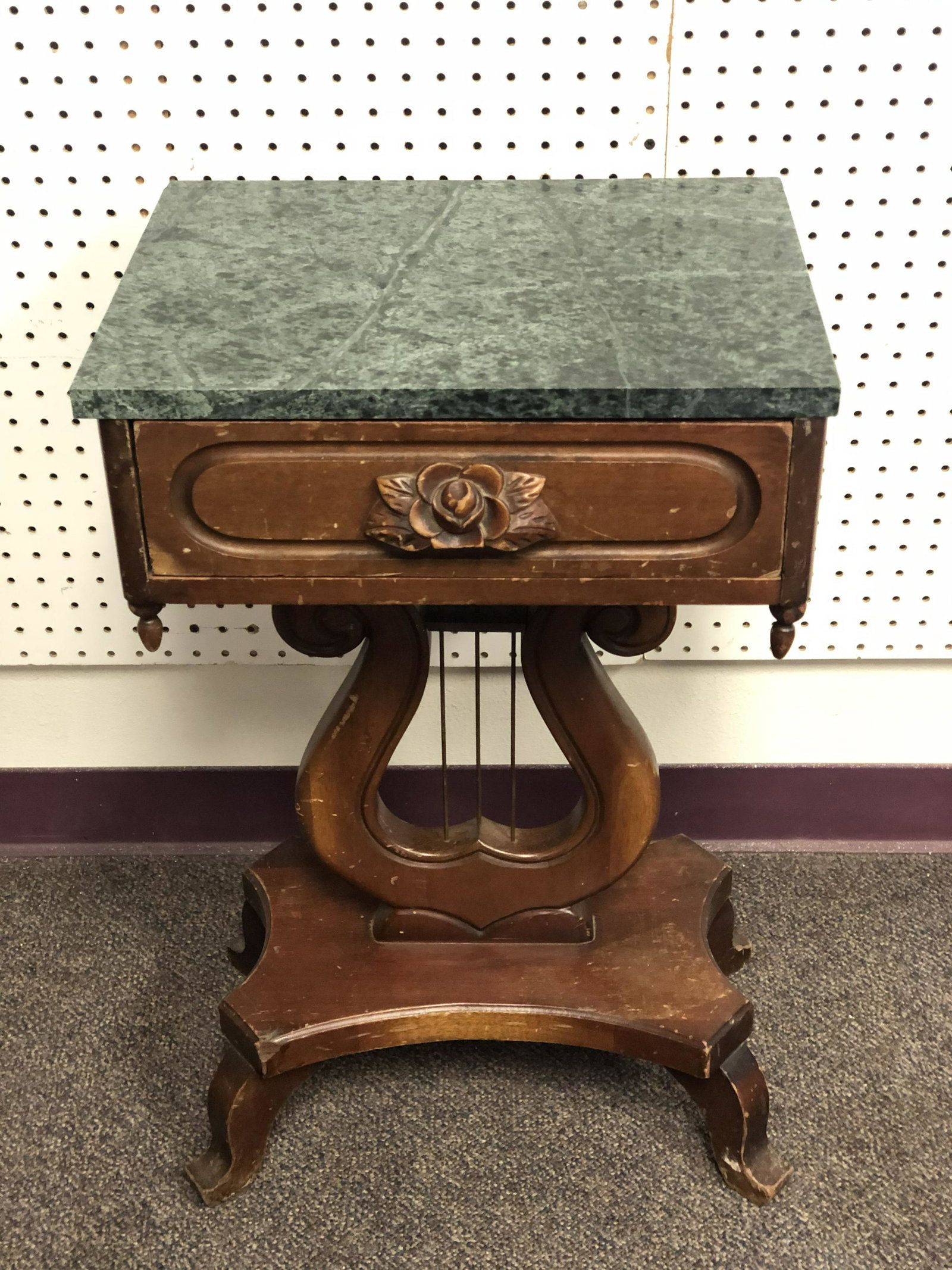 Marble Top Table w/ Harp Style Base - 1 Drawer, Carved: Marble Top Table w/ Harp Style Base - 1 Drawer, Carved Handle - Pick Up or Arrange Own Shipping -