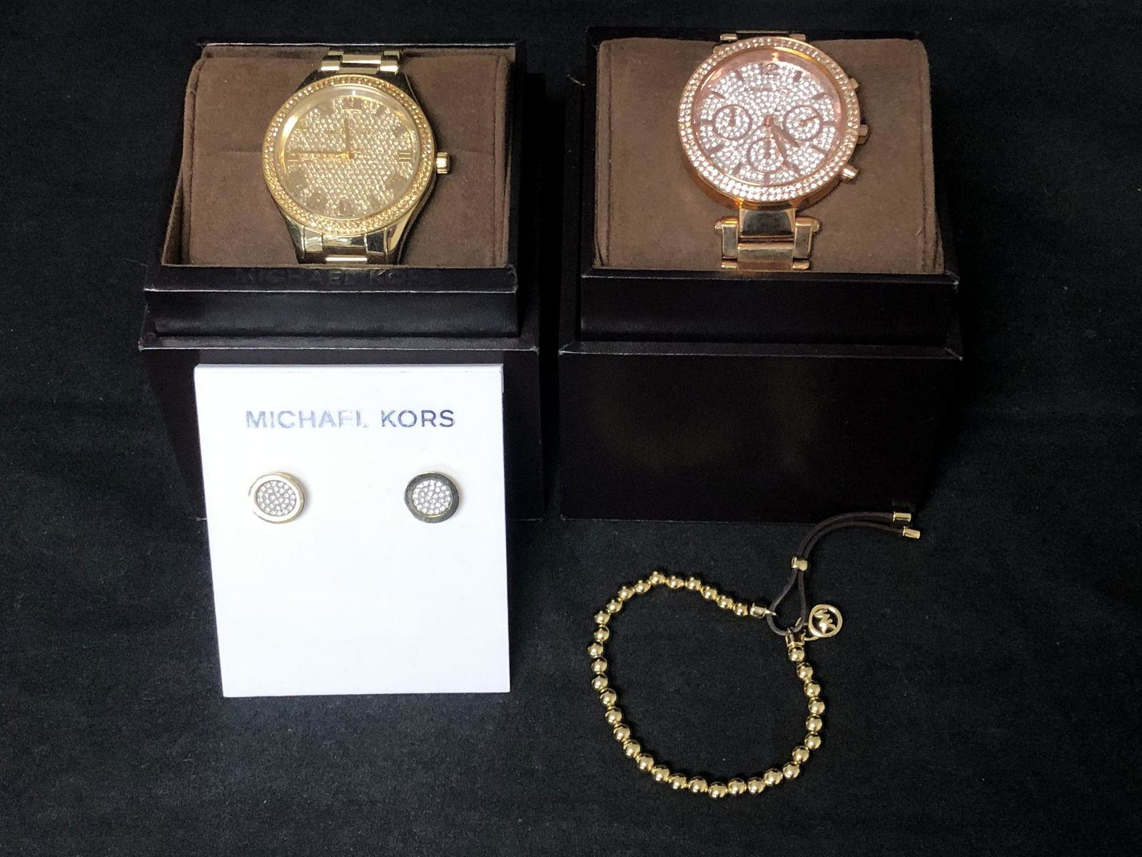 (2)Michael Kors Watches, Earrings, Bracelet - Like New: (2)Michael Kors Watches, Earrings, Bracelet - Like New w/ Original Boxes