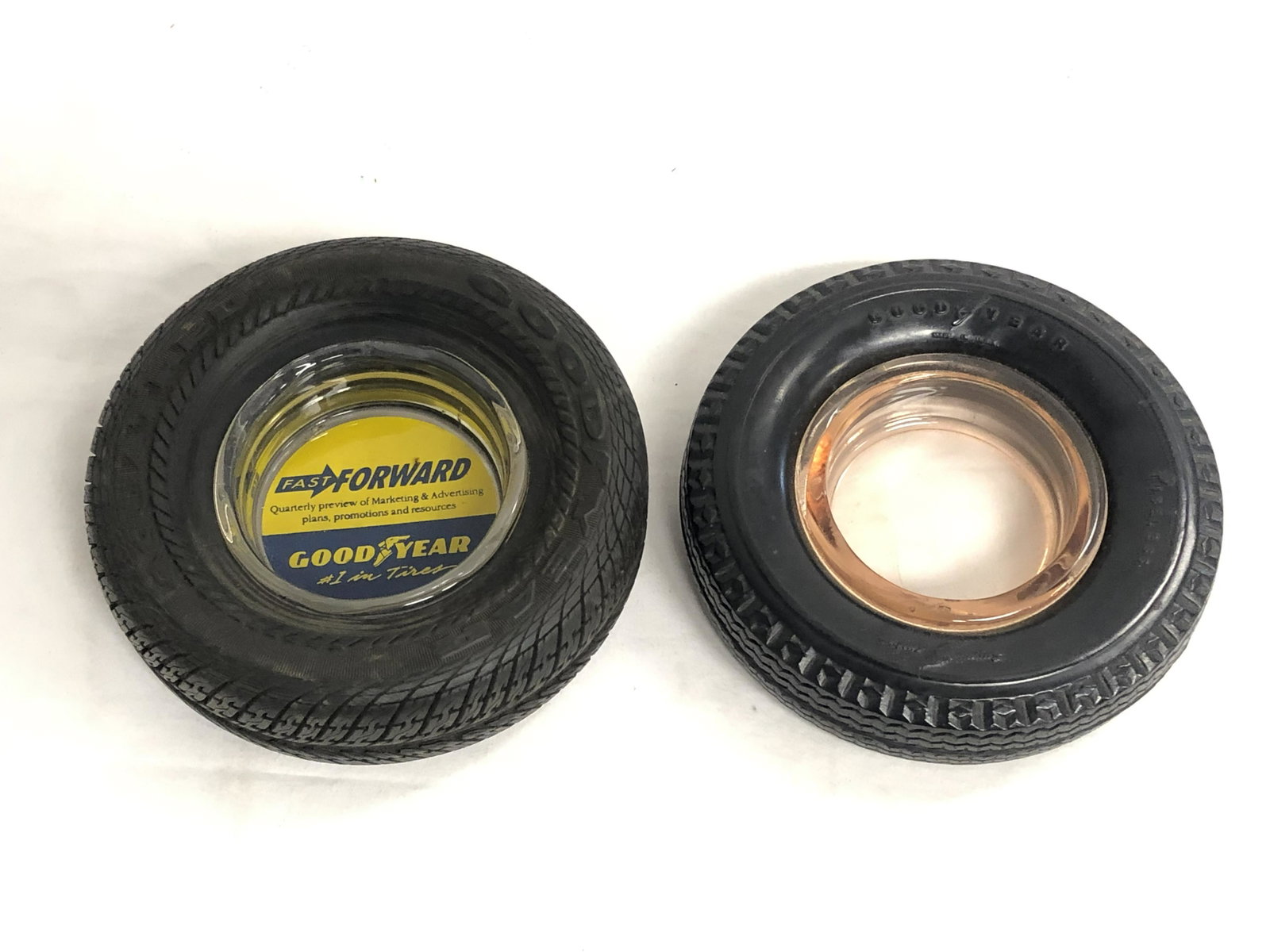 (2)Vintage Goodyear Tire Ashtrays - 1 Has Goodyear: (2)Vintage Goodyear Tire Ashtrays - 1 Has Goodyear Glass Insert