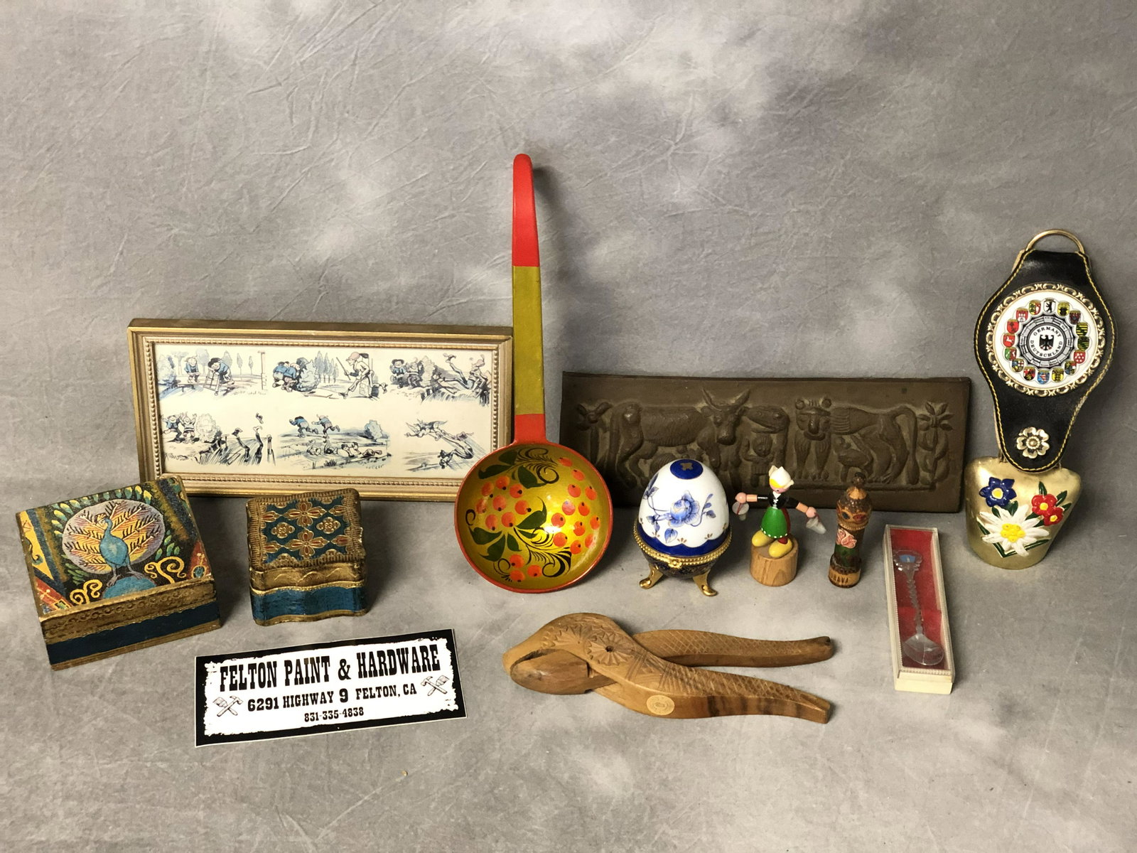 Asst Around the World Items - Italian Boxes, USSR: Asst Around the World Items - Italian Boxes, USSR Painted Ladle, German Bell, Wilhelm Busch Art, Wild Goose Studio Metal Plaque & More