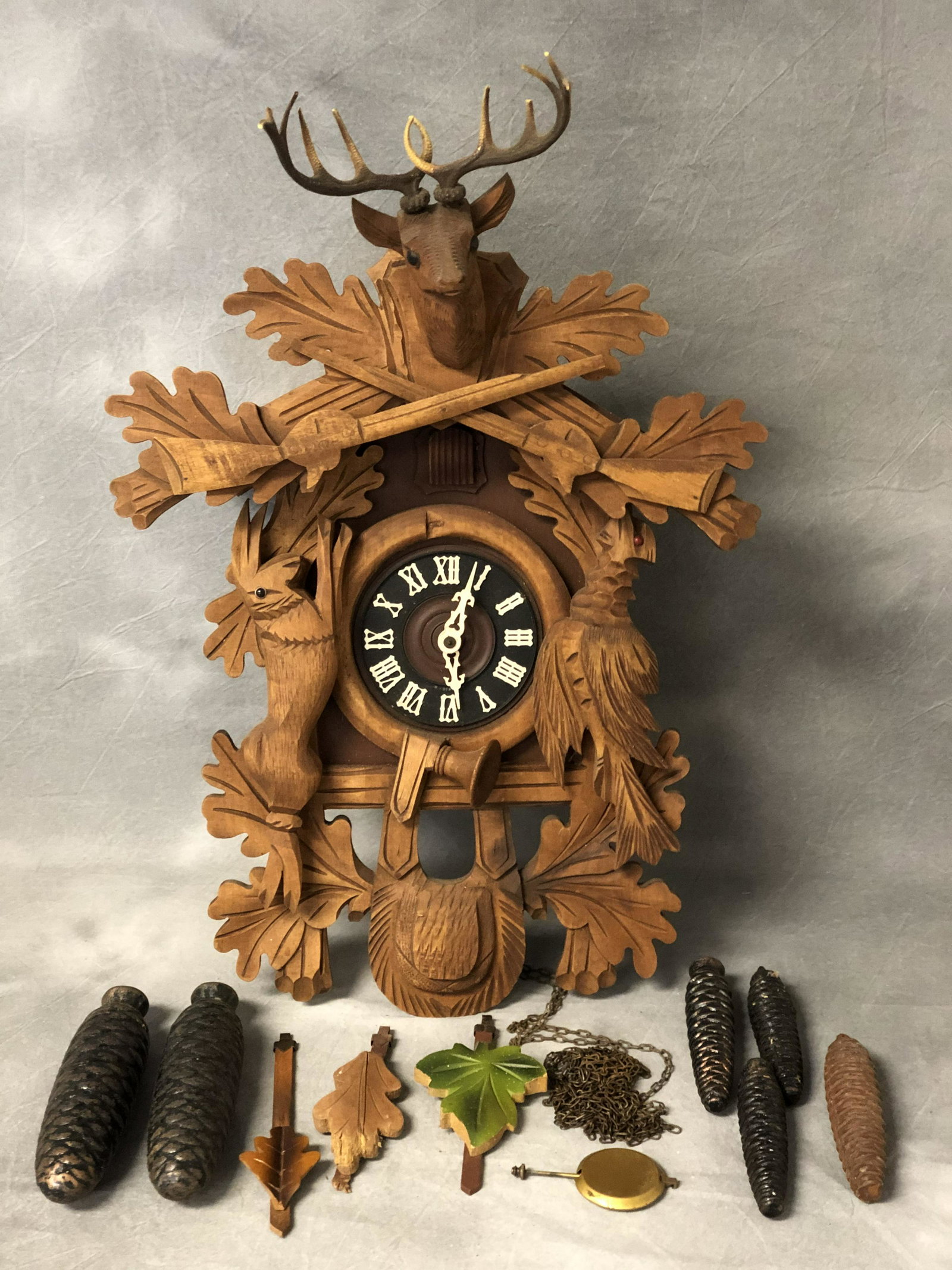 West German Cuckoo Clock, Extra Parts - Pinecone: West German Cuckoo Clock, Extra Parts - Pinecone Weights & More -UNTESTED Clock-
