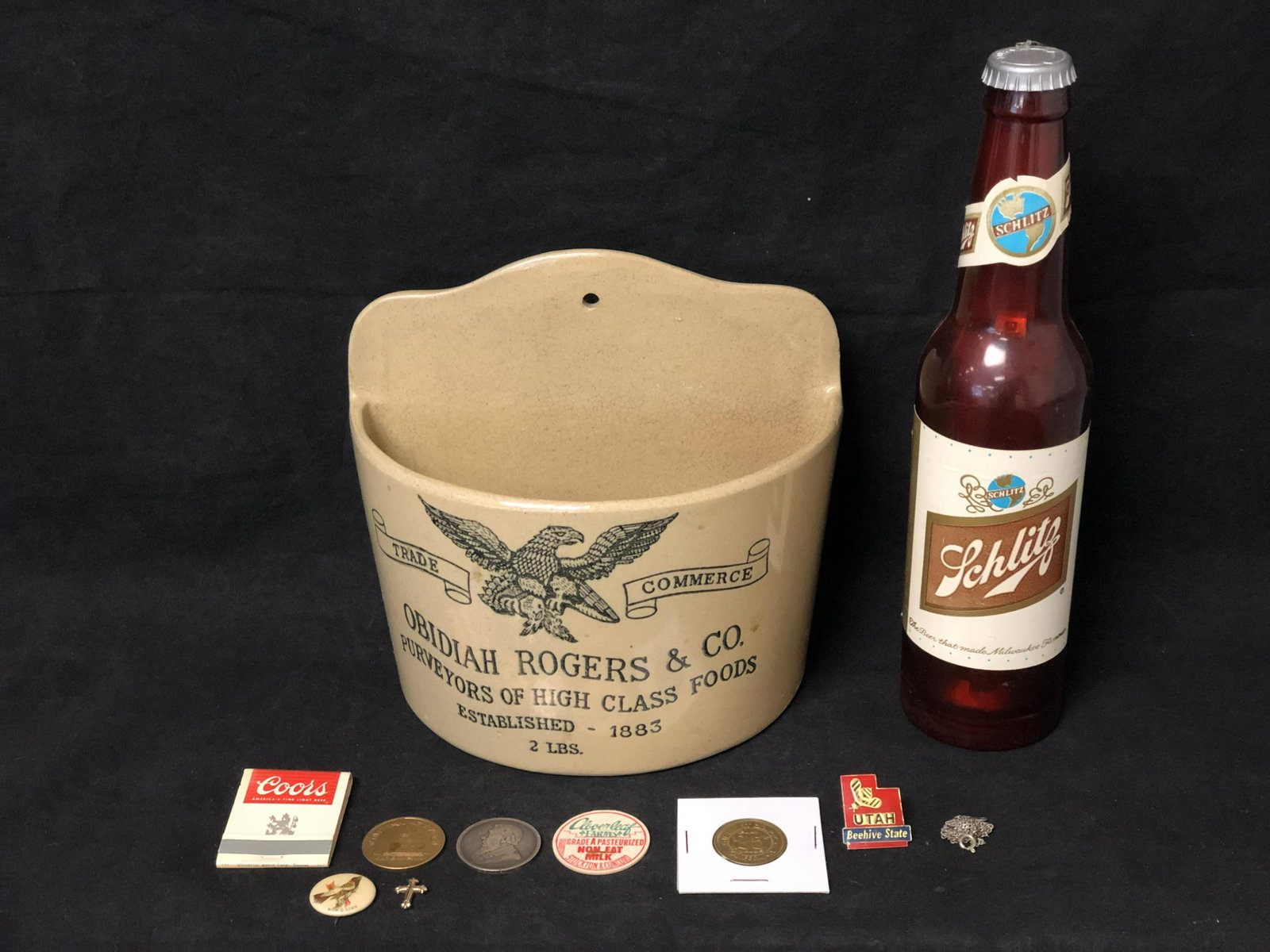 Asst Tray, Schlitz Flashlight, Stoneware Pocket,More -: Asst Tray, Schlitz Flashlight, Stoneware Pocket,More - Obidah Rogers & Co. Stoneware Wall Pocket, Medallions, Token & More