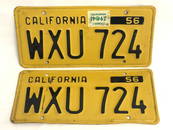 Matched Pair 1956 CA License Plates - Black on Yellow