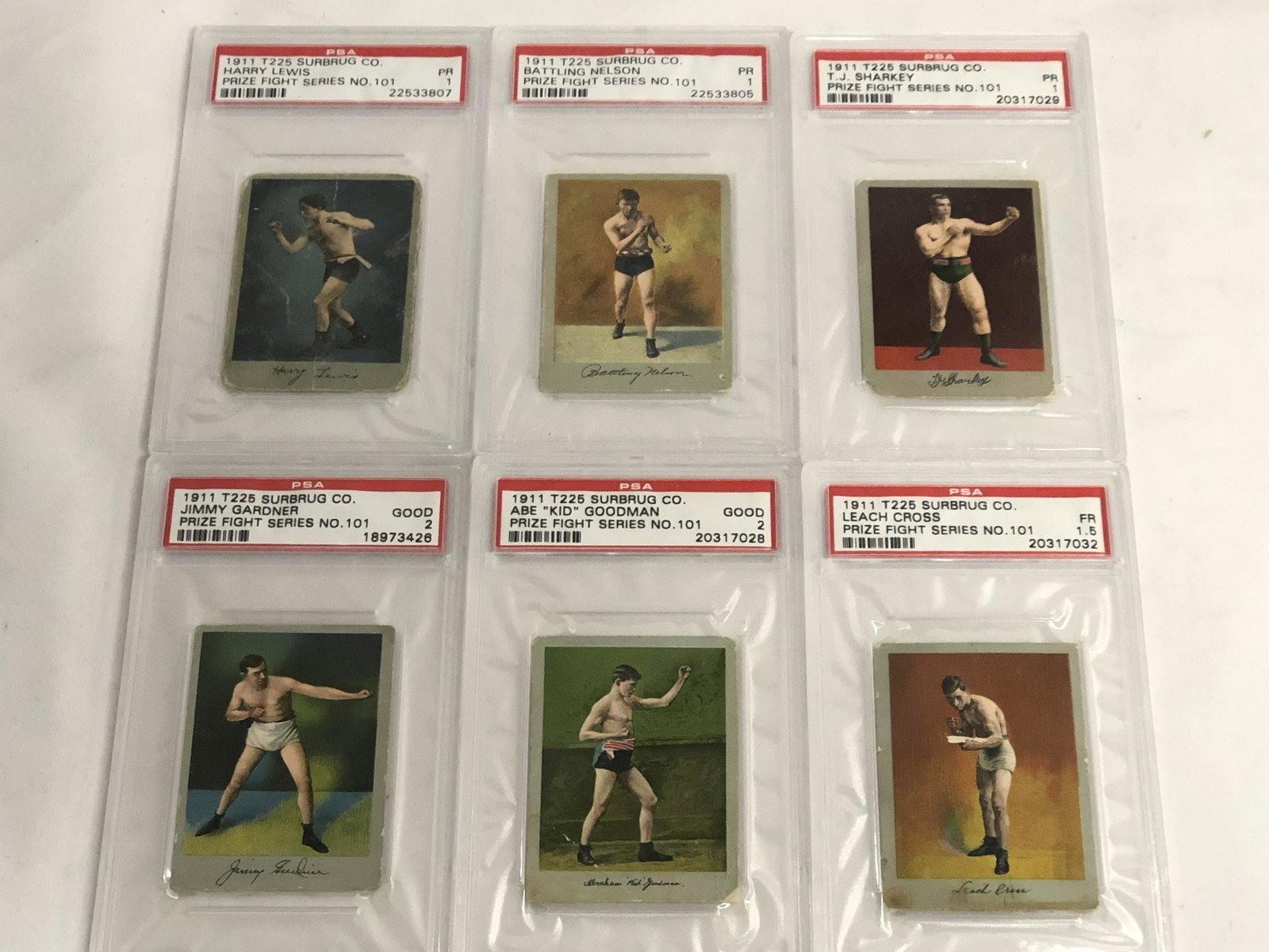 6-1911 T225 SurbrugCo Tobacco Boxing Cards - Graded: 6-1911 T225 SurbrugCo Tobacco Boxing Cards - Graded Cards PSA 1-2 , J.Gardner, Kid Goodman & More