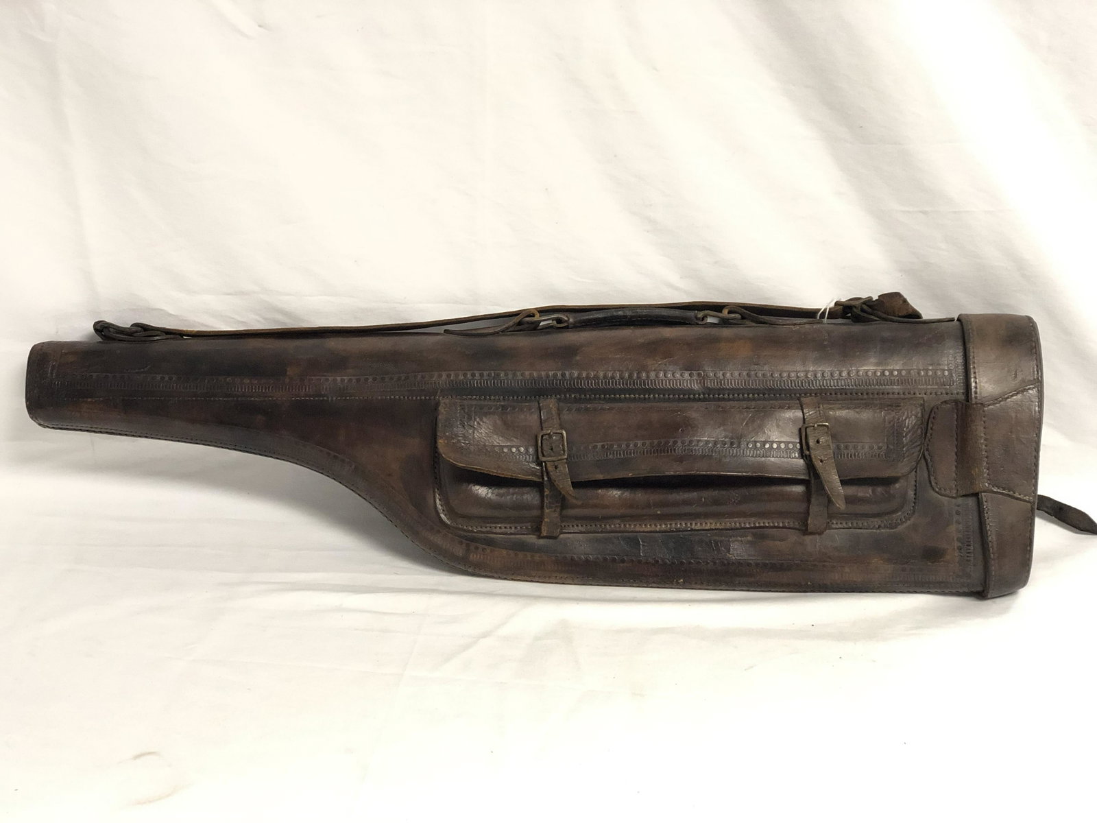 Leather Rifle Case w/ Wells Fargo Sticker - Embossed w/: Leather Rifle Case w/ Wells Fargo Sticker - Embossed w/ Hunting Scene, Original Wells Fargo Express Sticker, #'d - Approx. 8' x 31''