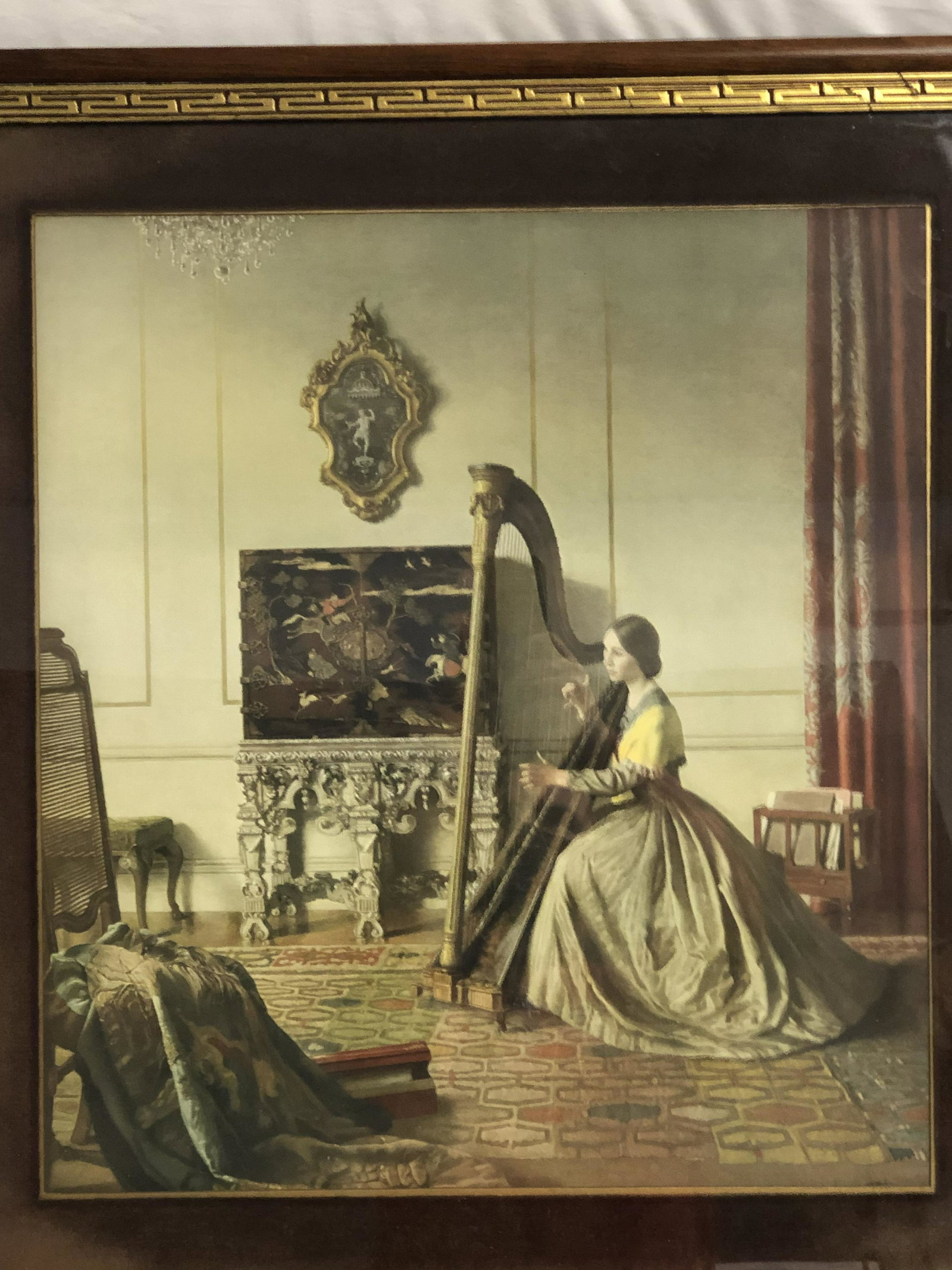 English Hand Tinted Engraving 'L.Campbell' - ''Lady: English Hand Tinted Engraving 'L.Campbell' - ''Lady With the Harp'' Leonard Campbell Taylor, Professionally Framed & Matted, Framed 25.5'' x 28'' , Sight 18.5'' x 20.5''