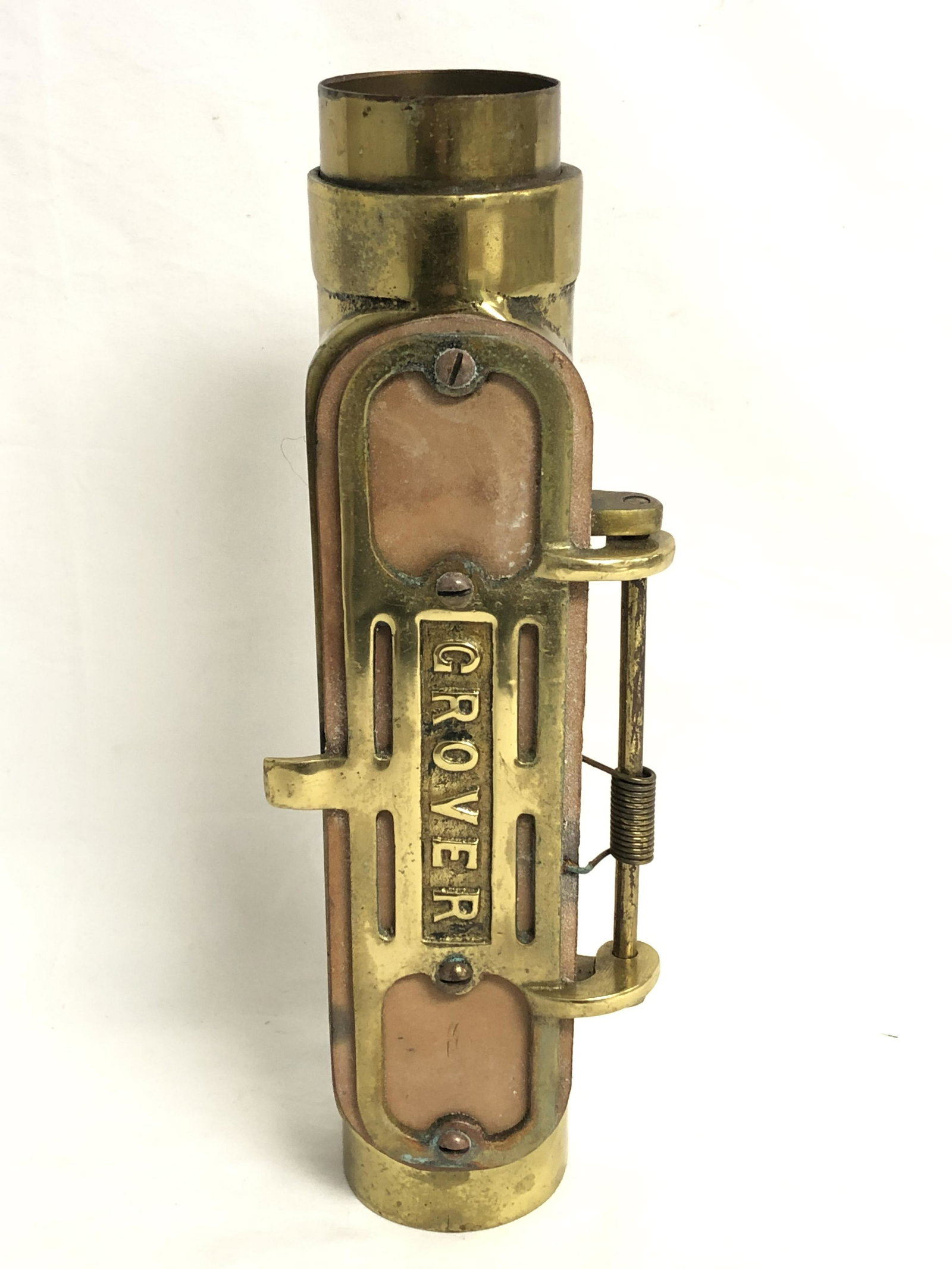 Vtg Brass / Leather 'Grover' Tube , Foghorn?? - 12'': Vtg Brass / Leather 'Grover' Tube , Foghorn?? - 12'' Long, 2.5'' Opening at Ends
