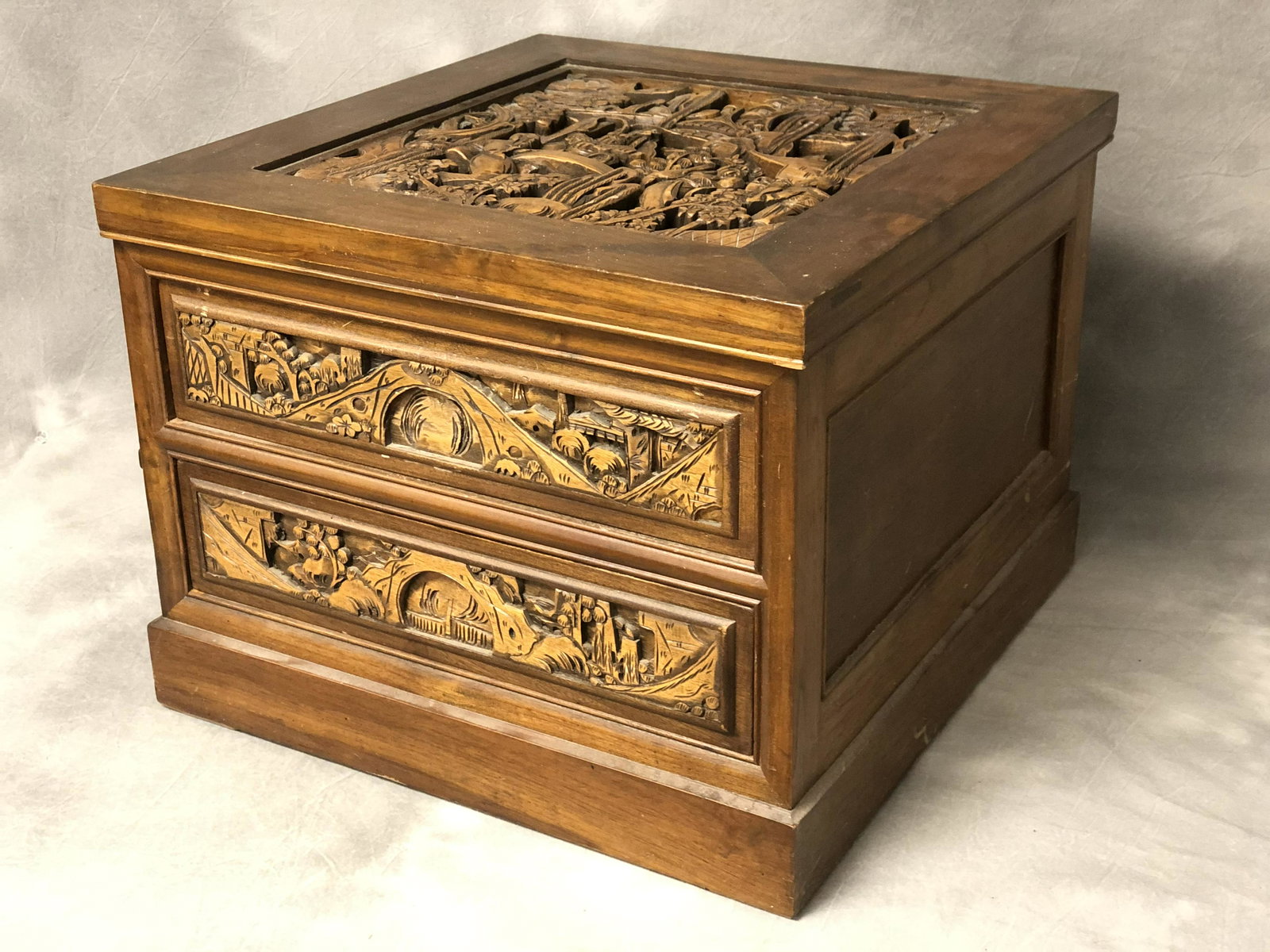 Carved Chinese 2 Drawer Cabinet/ Low Table - Carved: Carved Chinese 2 Drawer Cabinet/ Low Table - Carved Scene on Top, Drawers Open on Either Side, 20'' x 20.75'' x 15.5''