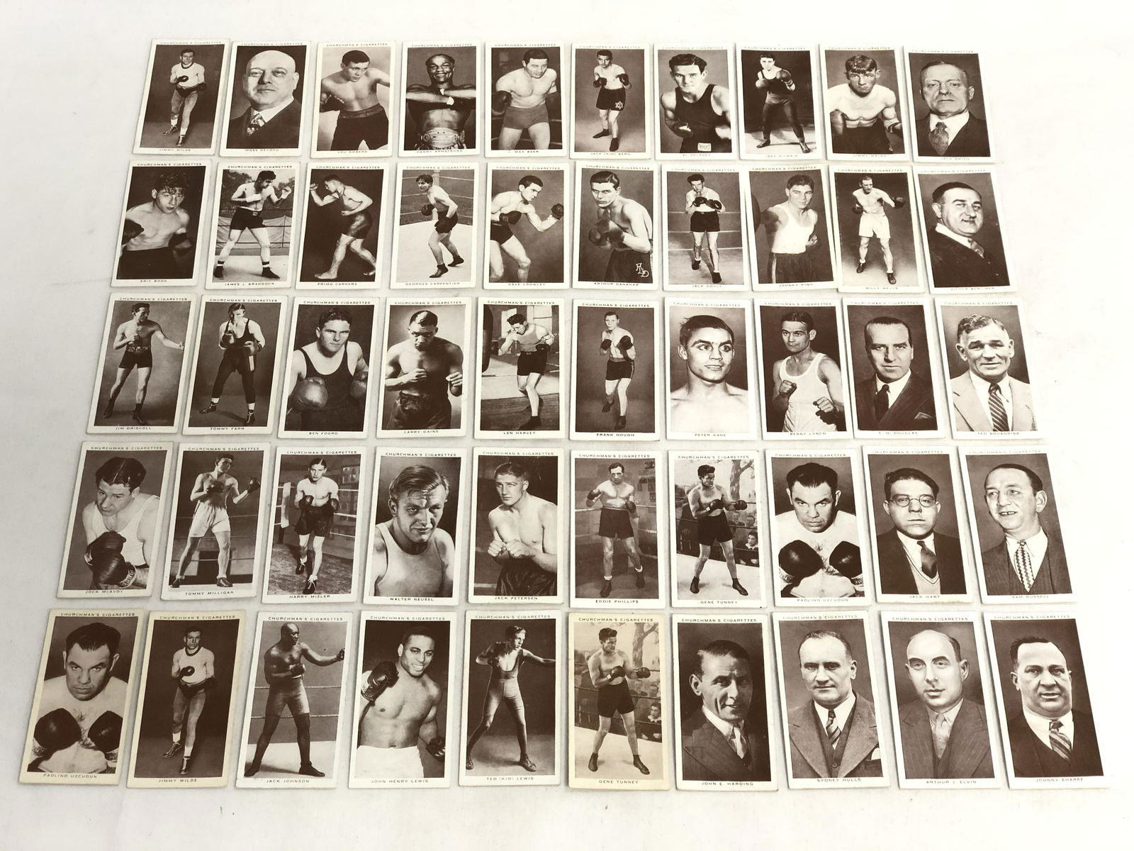 (50)1938 Churchman's Cigarette Boxing Personalities -: (50)1938 Churchman's Cigarette Boxing Personalities - Jack Johnson, L.Gains, L.Ambers, M.Baer & More (47 Asst w/ 3 Duplicates)