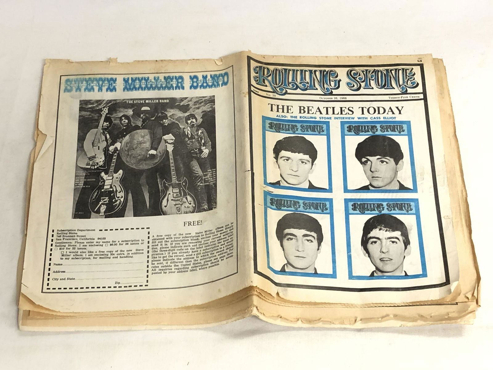1968 Rolling Stones Magazine Paper, Beatles - No.20 w/: 1968 Rolling Stones Magazine Paper, Beatles - No.20 w/ Jimi Hendrix, The Beatles, Cass Elliot & More