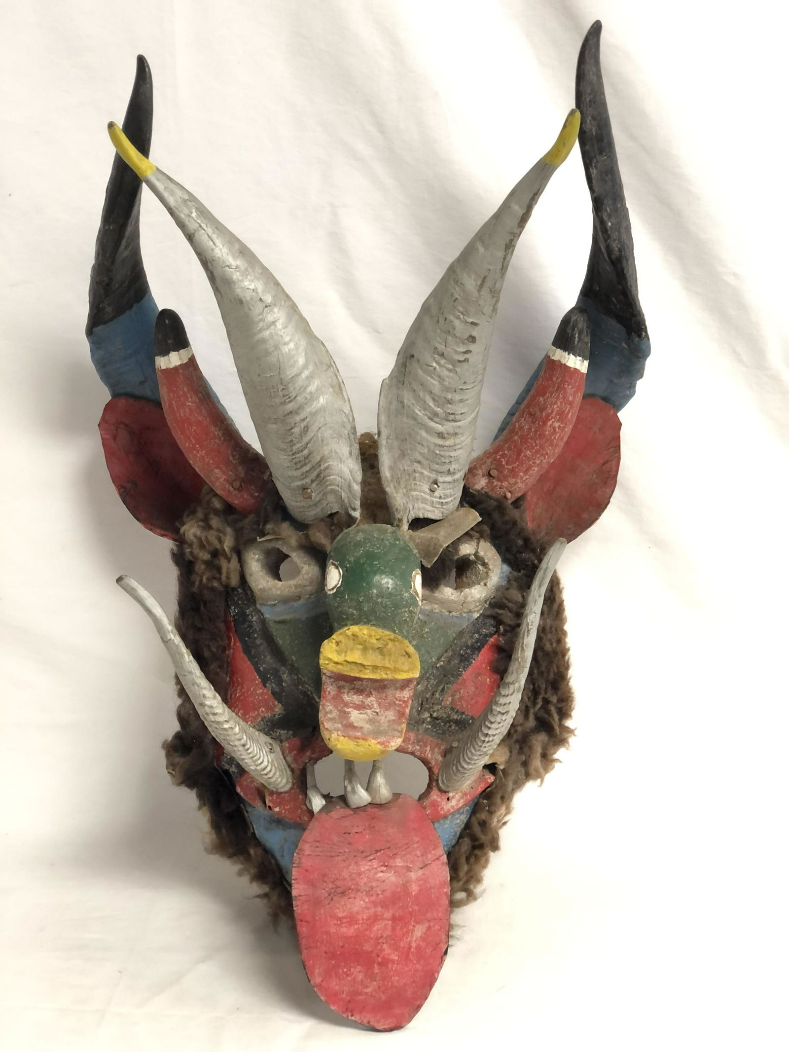 Early Carved, Handpainted Tribal Mask - Leather Tongue (1 of 4)