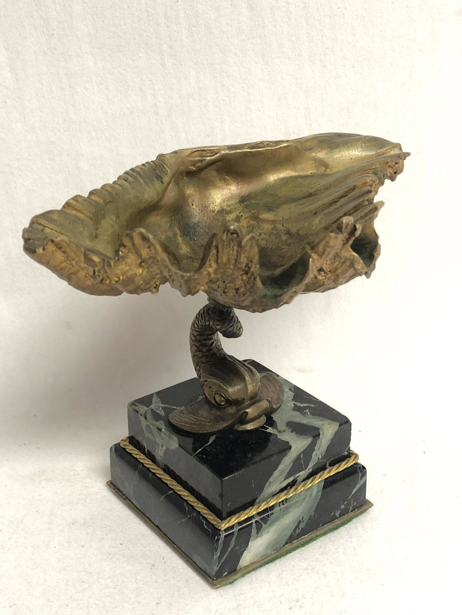 Bronze Clam Shell w/ Dolphin Base on Marble - Overall (1 of 6)