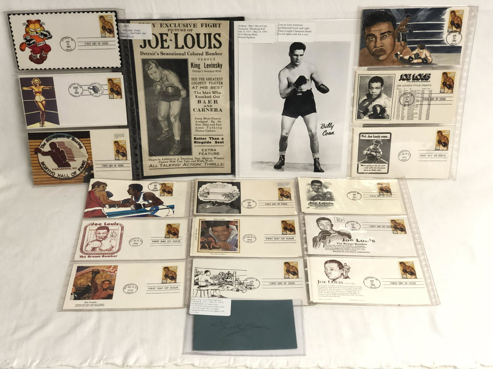 Vtg Boxing - Autographed Bill Conn, J.Louis Promo - Joe: Vtg Boxing - Autographed Bill Conn, J.Louis Promo - Joe Louis Promo Paper, Asst 1st Day Stamps, 8'' x 10'' Bill Conn Boxing Photo, Autographed 3x5 Index Card Bill Conn