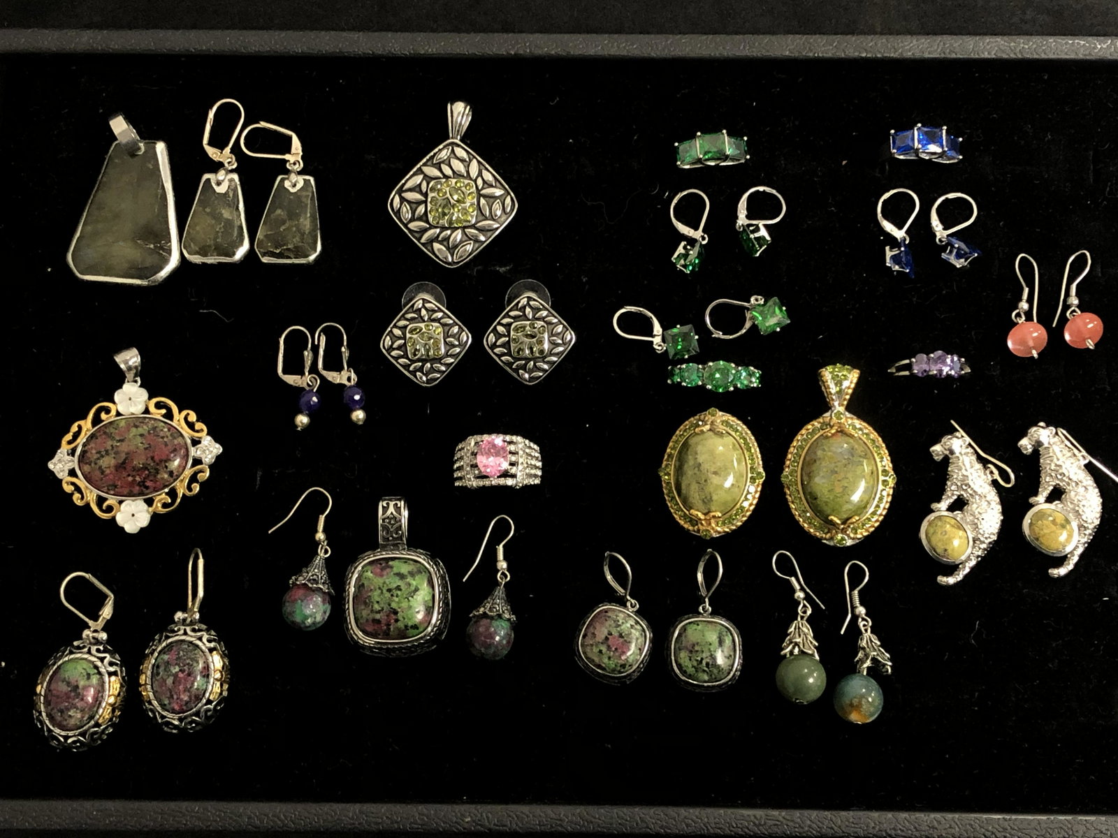Asst Costume Jewelry, Rings, Pendants,Earrings -: Asst Costume Jewelry, Rings, Pendants,Earrings - Spinel, Quartz, More