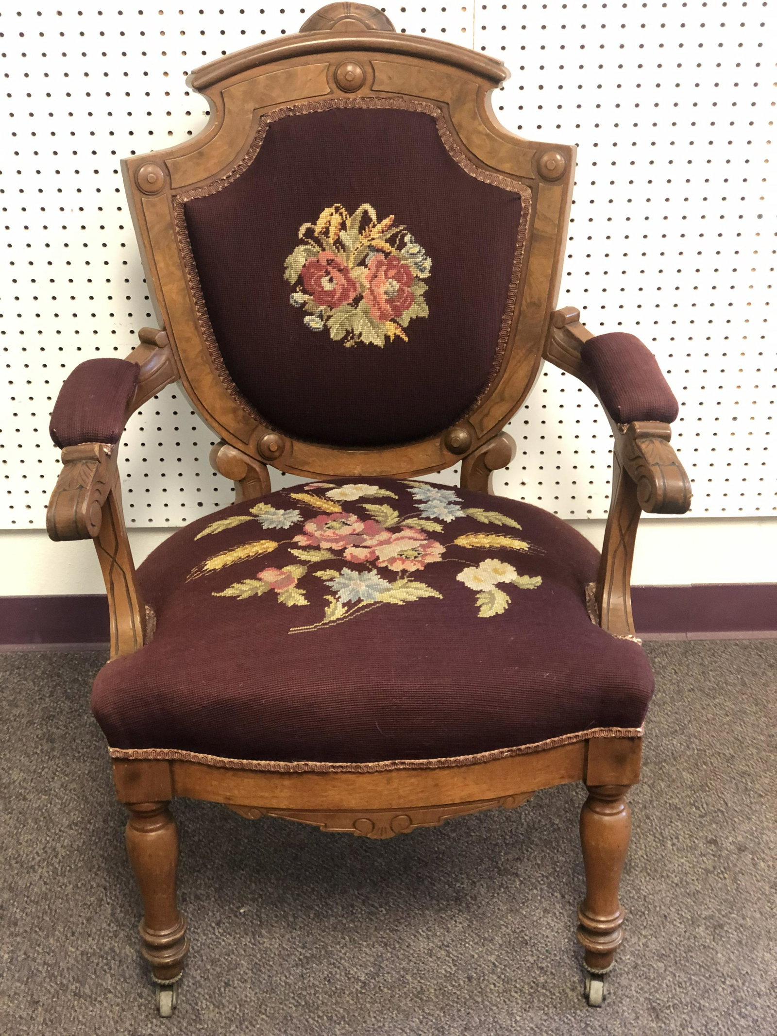 Eastlake Armchair w/ Needlepoint Upholstery - 27'' x: Eastlake Armchair w/ Needlepoint Upholstery - 27'' x 20'' x 40'' - Pick Up or Arrange Own Shipping -