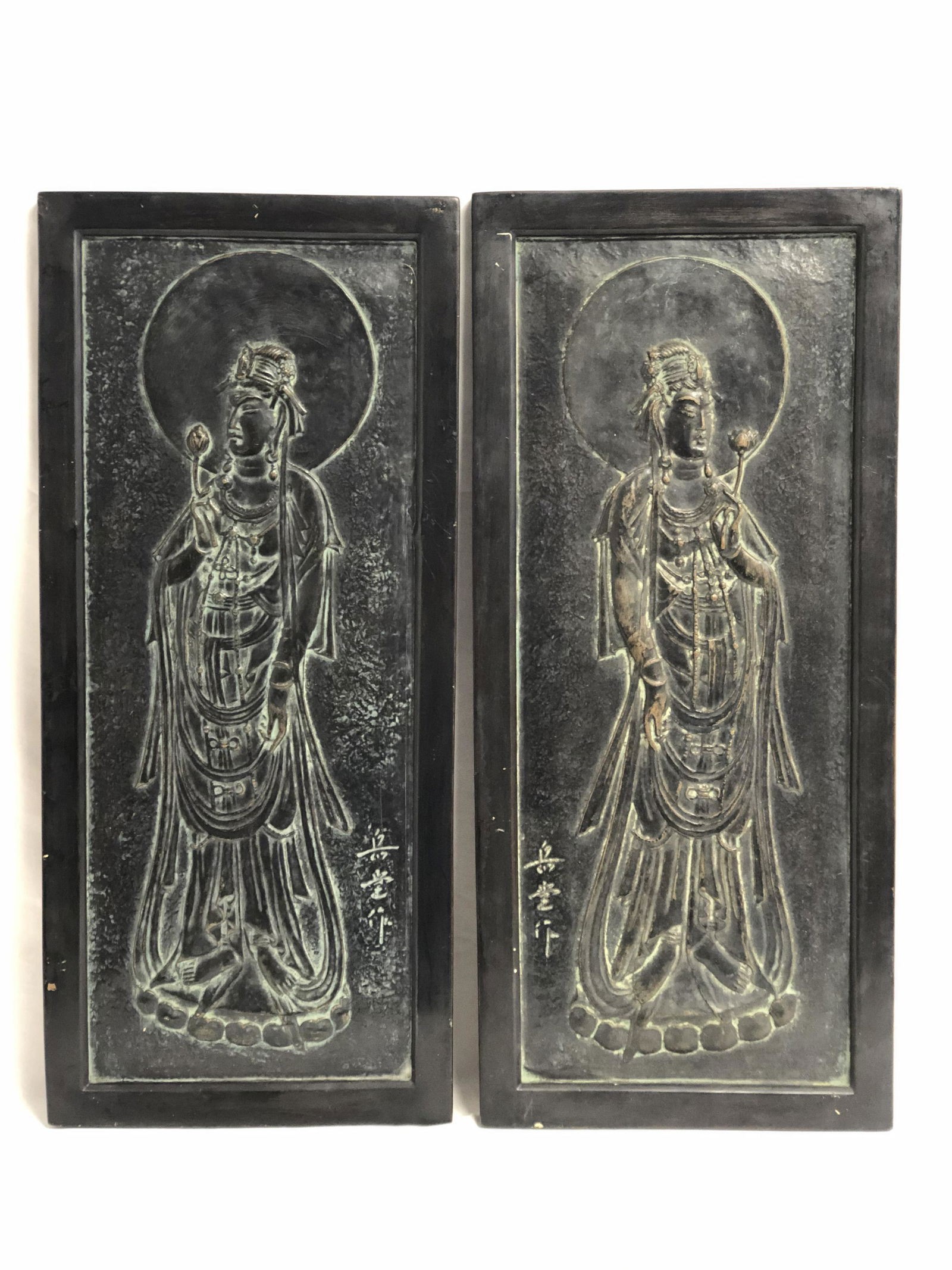 Pr Painted Chinese Terra Cotta Plaques - Signed, 11'' x (1 of 3)