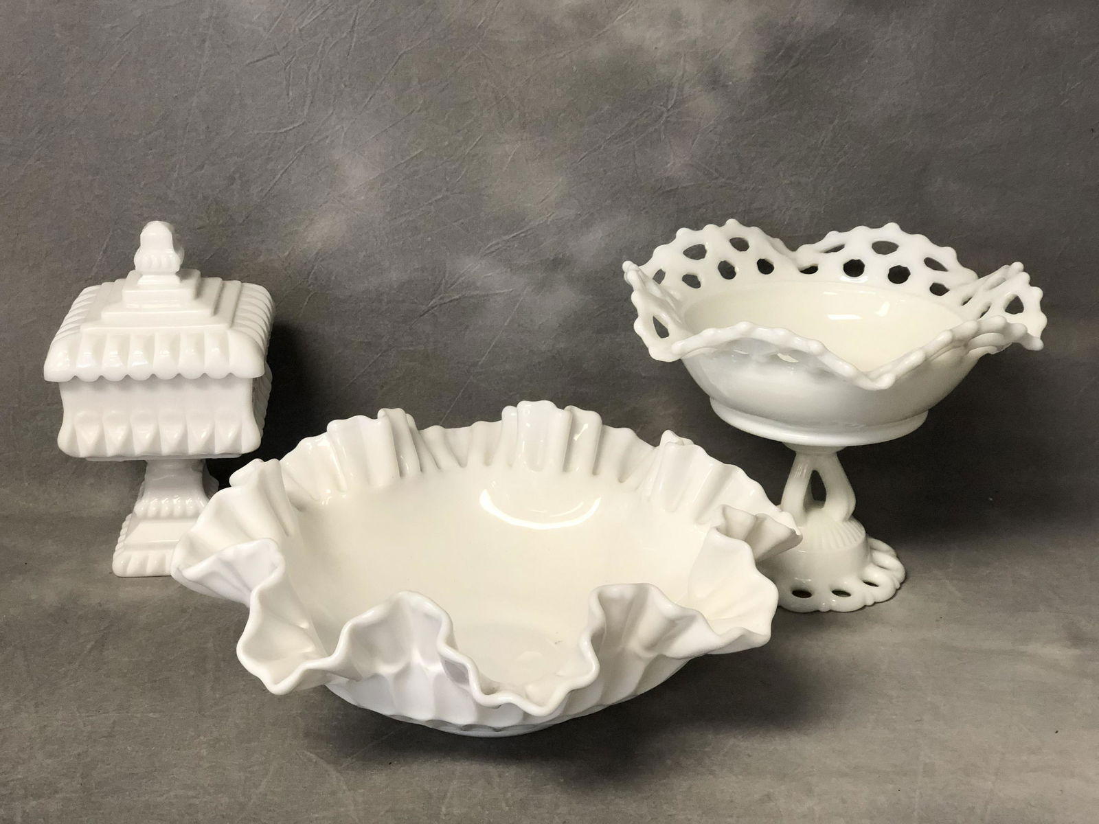 (3)Vintage Milk Glass Dishes - 12'' x 4'' Ruffle Edge (1 of 4)