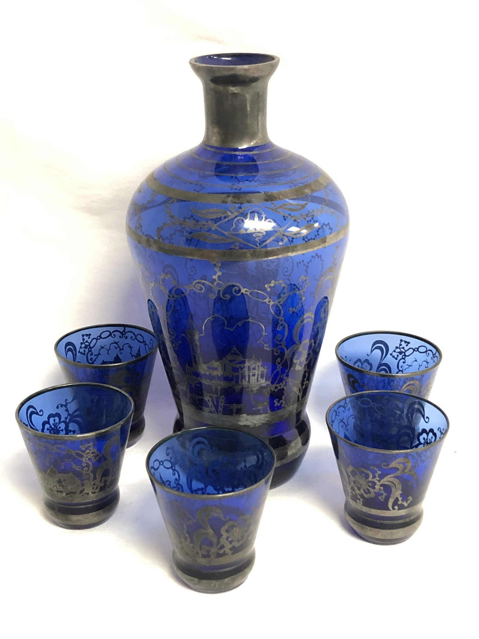 Silver Overlay Glass Decanter w/ (4)Cups (1 of 4)