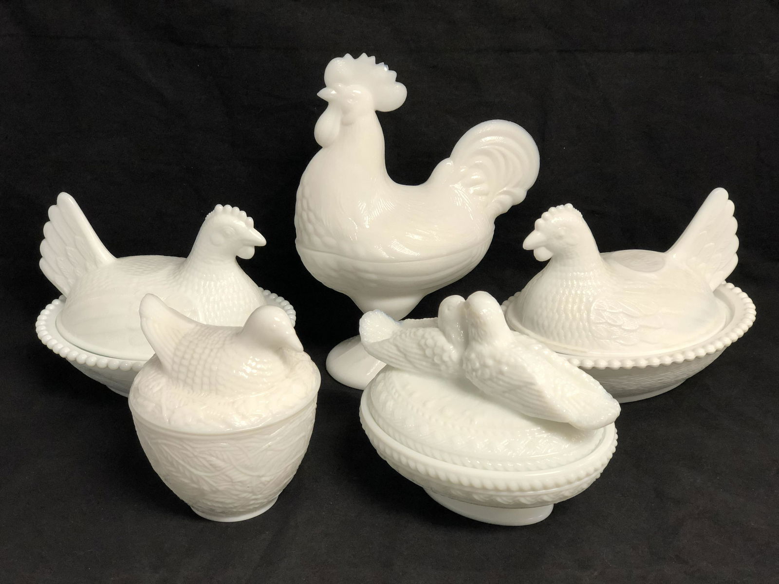 (5)Vintage MilkGlass Covered Bird Dishes - Rooster (1 of 5)