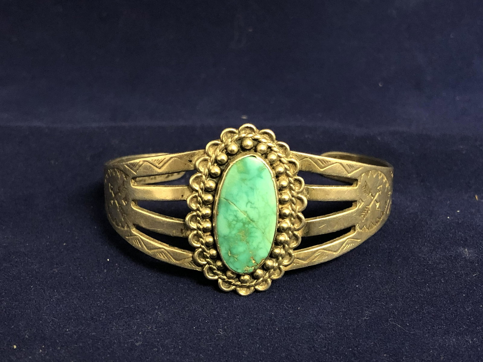 Fred Harvey Era Navajo Turquoise Bracelet - Etched: Fred Harvey Era Navajo Turquoise Bracelet - Etched Arrows Design on Band, 2.5'' Wide w/ 1.5'' Opening , 30g Total Wgt