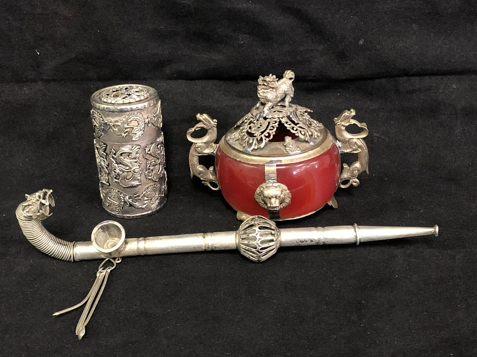 (3)Chinese Items, Enamel Incense, Pipe, More - Silver (1 of 13)