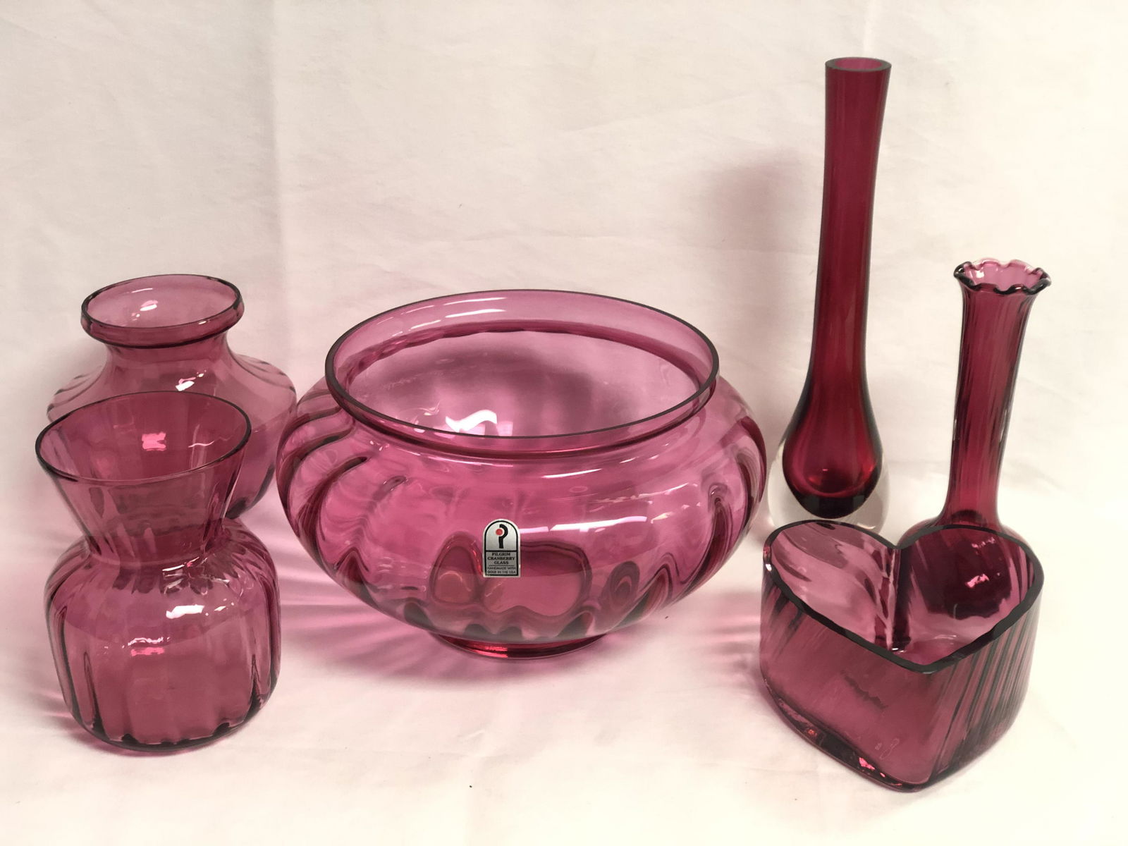 Vtg Cranberry Glass Vases, Center Bowl - Pilgrim Glass (1 of 6)
