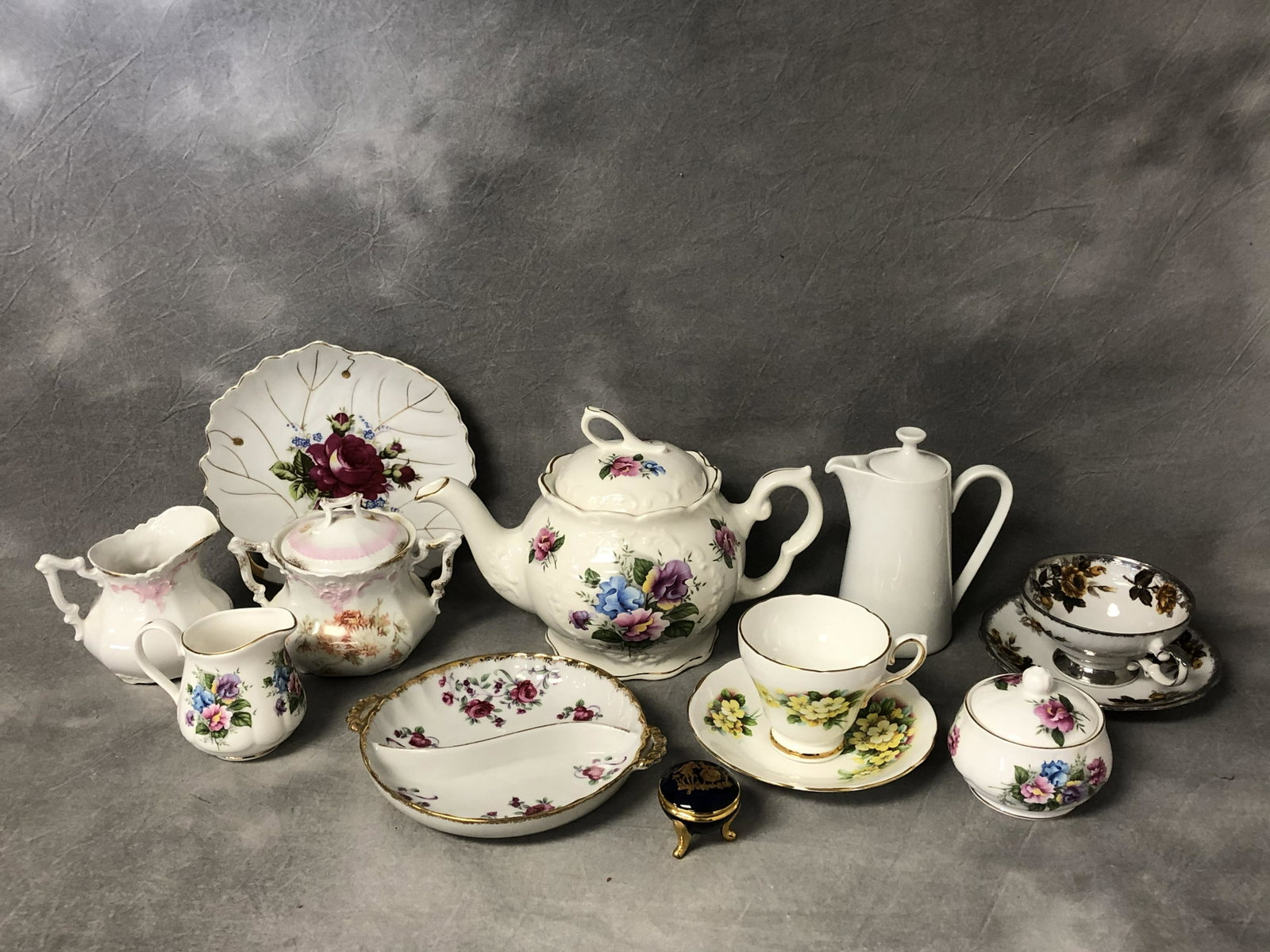 Asst China - Teacups w/ Saucers, Pot, More - Various: Asst China - Teacups w/ Saucers, Pot, More - Various Makers , Germany, Limoges Trinket Box, England Bone China & More