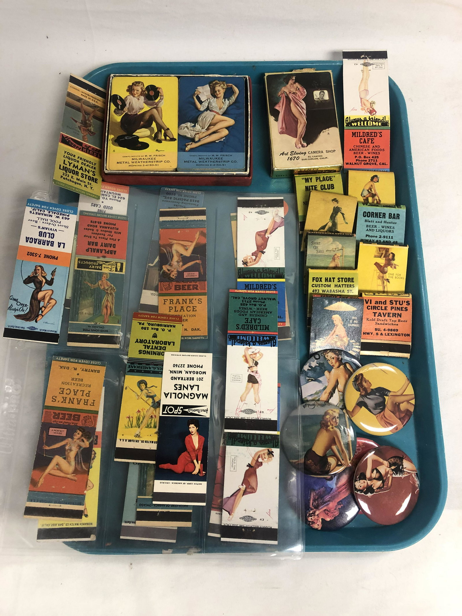 1950s Pinup Girl Matches,Playing Cards,More - Matchbox: 1950s Pinup Girl Matches,Playing Cards,More - Matchbox Advertising Pinup Girl Covers -Some w/ Matches - , Button Pins & Playing Cards