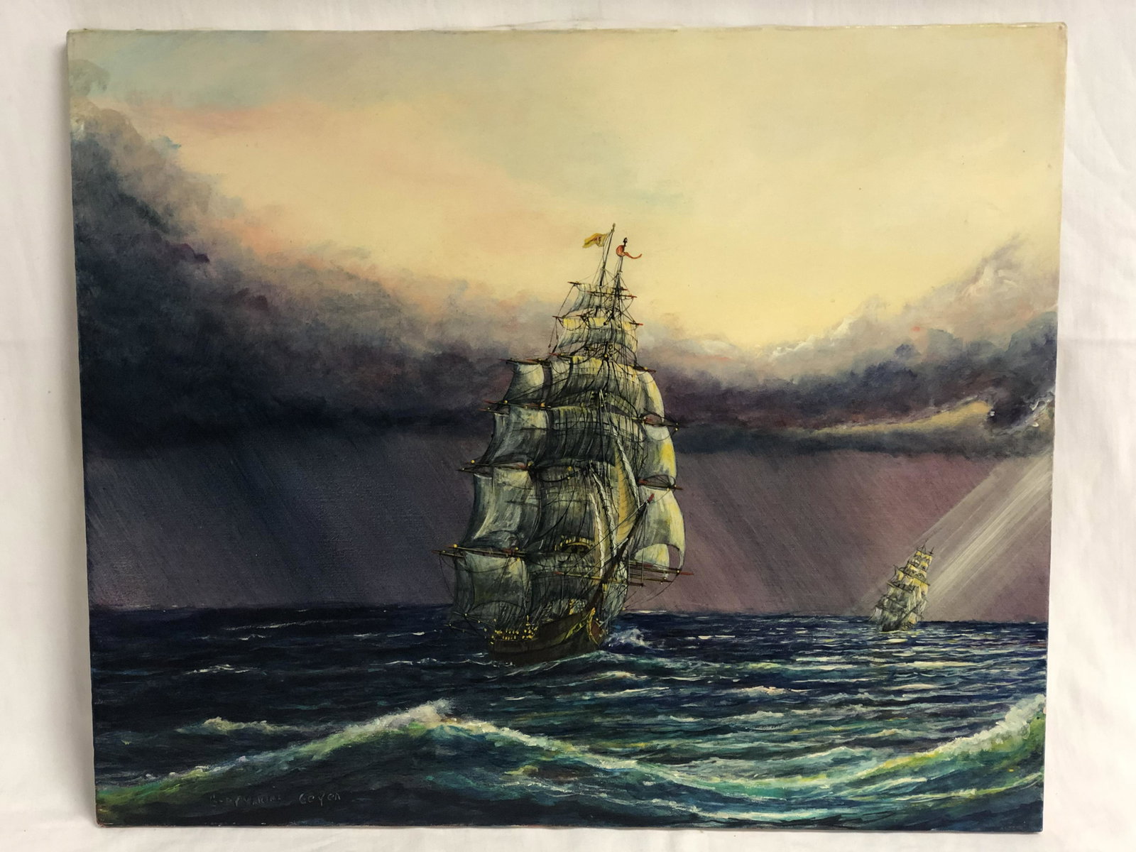 Signed Oil on Canvas 'Gary Yakima Geyer' - California: Signed Oil on Canvas 'Gary Yakima Geyer' - California Artist, Oil of Ship at Sea, 24'' x 20''