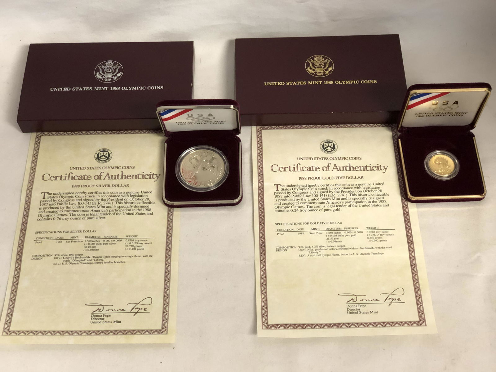 (2)1988 US Mint Proof Olympic Coins - .24 Troy Oz Pure (1 of 6)