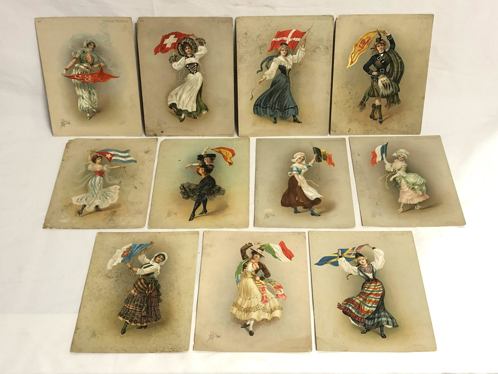 (22)1903 Turkish Trophies Cigarette Cards - Antique: (22)1903 Turkish Trophies Cigarette Cards - Antique Tobacco Cards w/ Flag Girls by S.Anargyros , 6'' x 8''