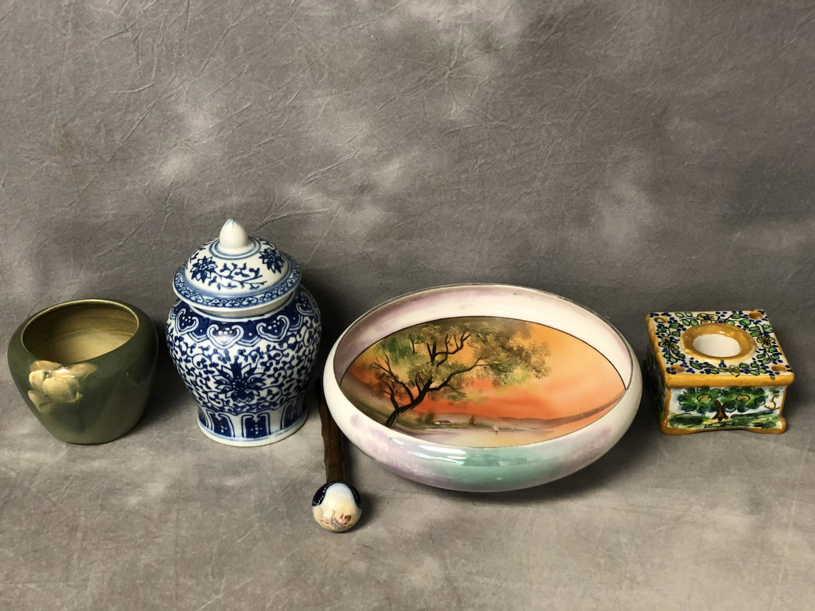 Handpainted Noritake, Spanish,Porcelain - Antique: Handpainted Noritake, Spanish,Porcelain - Antique Handpainted Knob on Stick, Blue White Urn, Vase