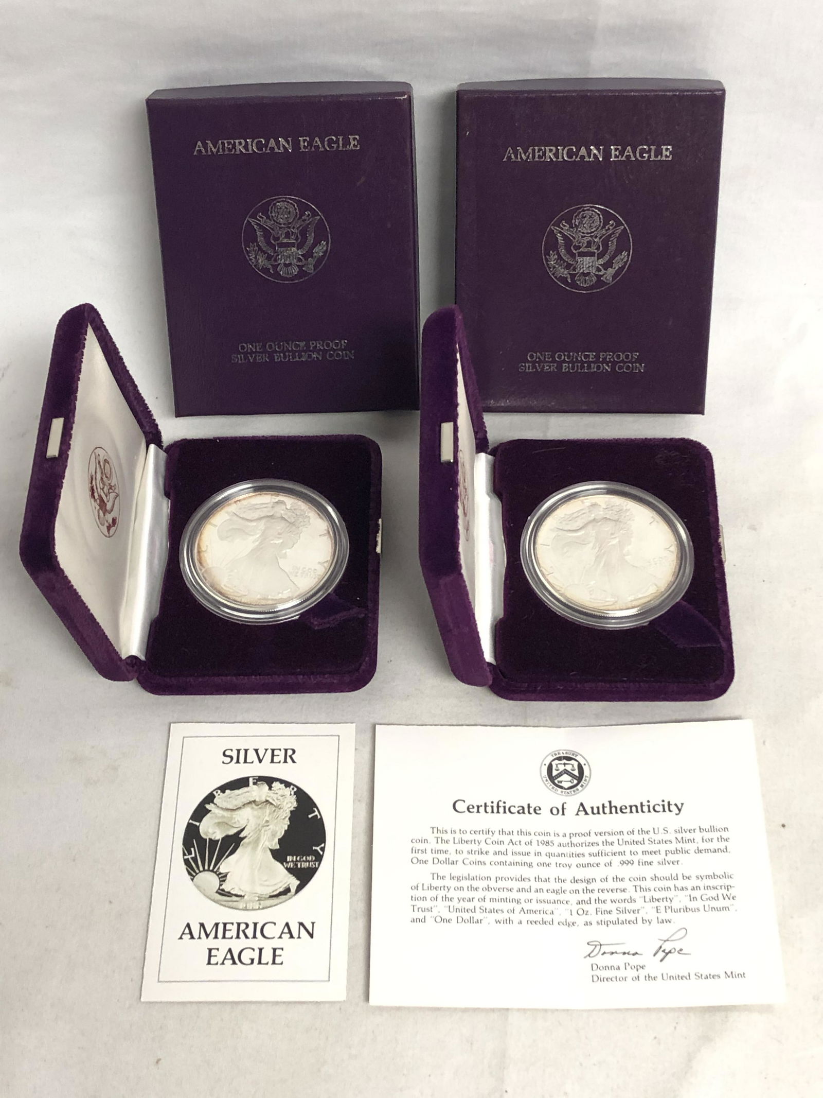 (2)1986 .999 Fine Silver Eagle Coins - San Francisco (1 of 6)