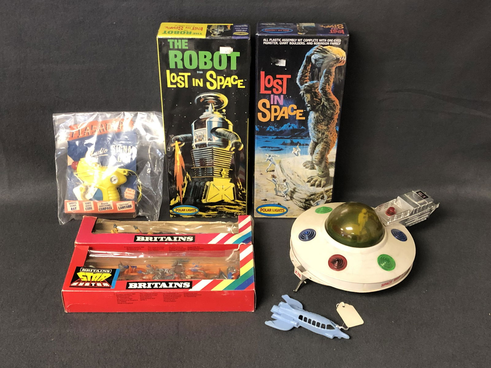 Asst Vintage Toys- Space Ship, Figures & More -: Asst Vintage Toys- Space Ship, Figures & More - Britains DeeTail Figures in Boxes, Lost in Space Models, Space Ship X711, Flasheray Signal Gun