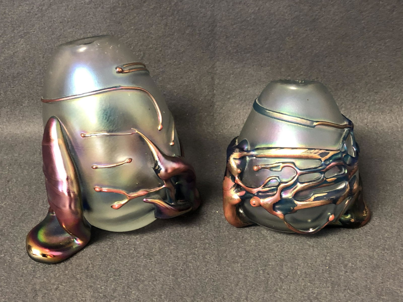 Pr Signed Iridescent Art Glass Vases - (1)is Signed , (1 of 9)