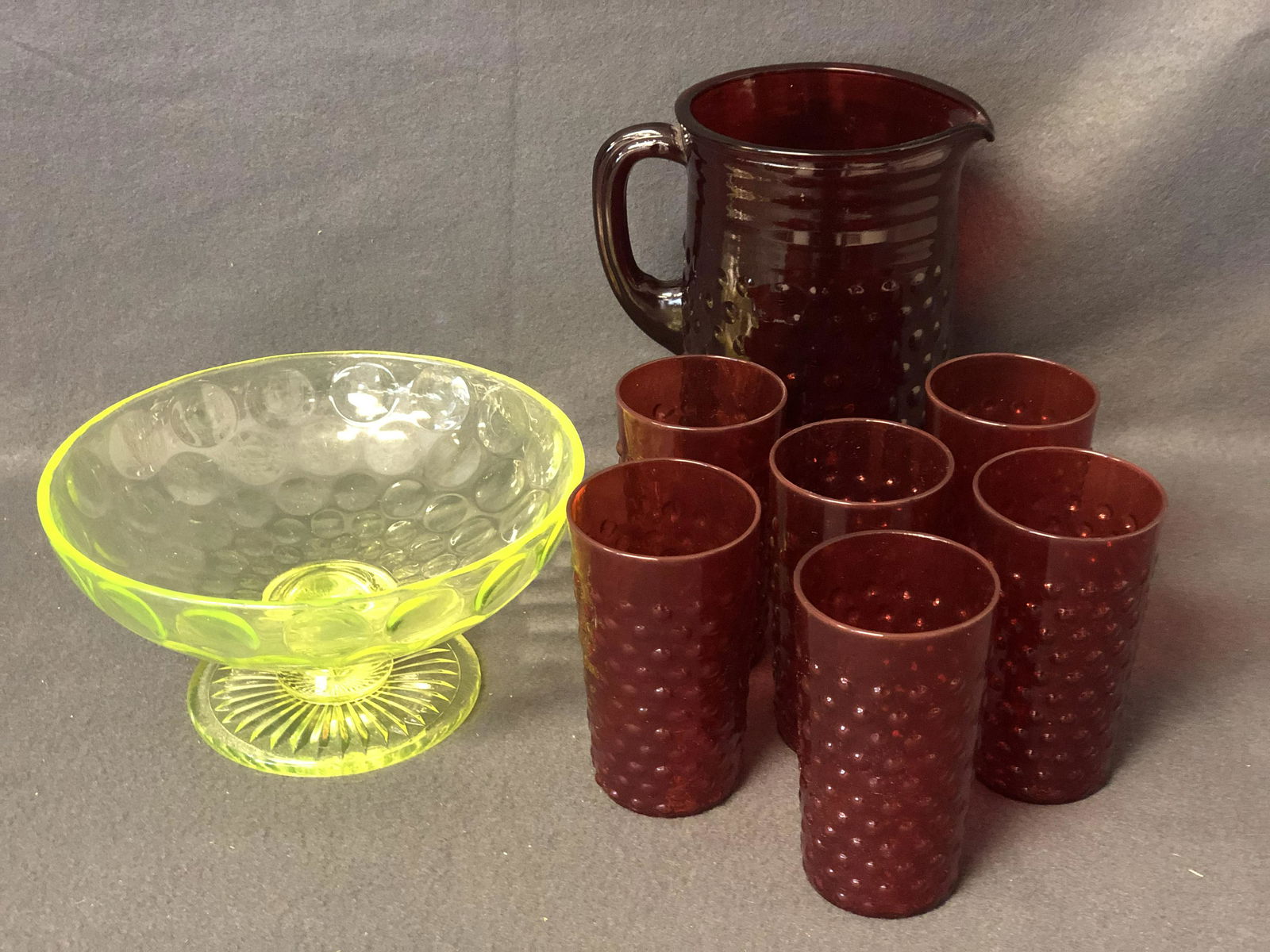 Vtg HobNob Pitcher w/ Glasses, Vaseline Glass - (1 of 4)