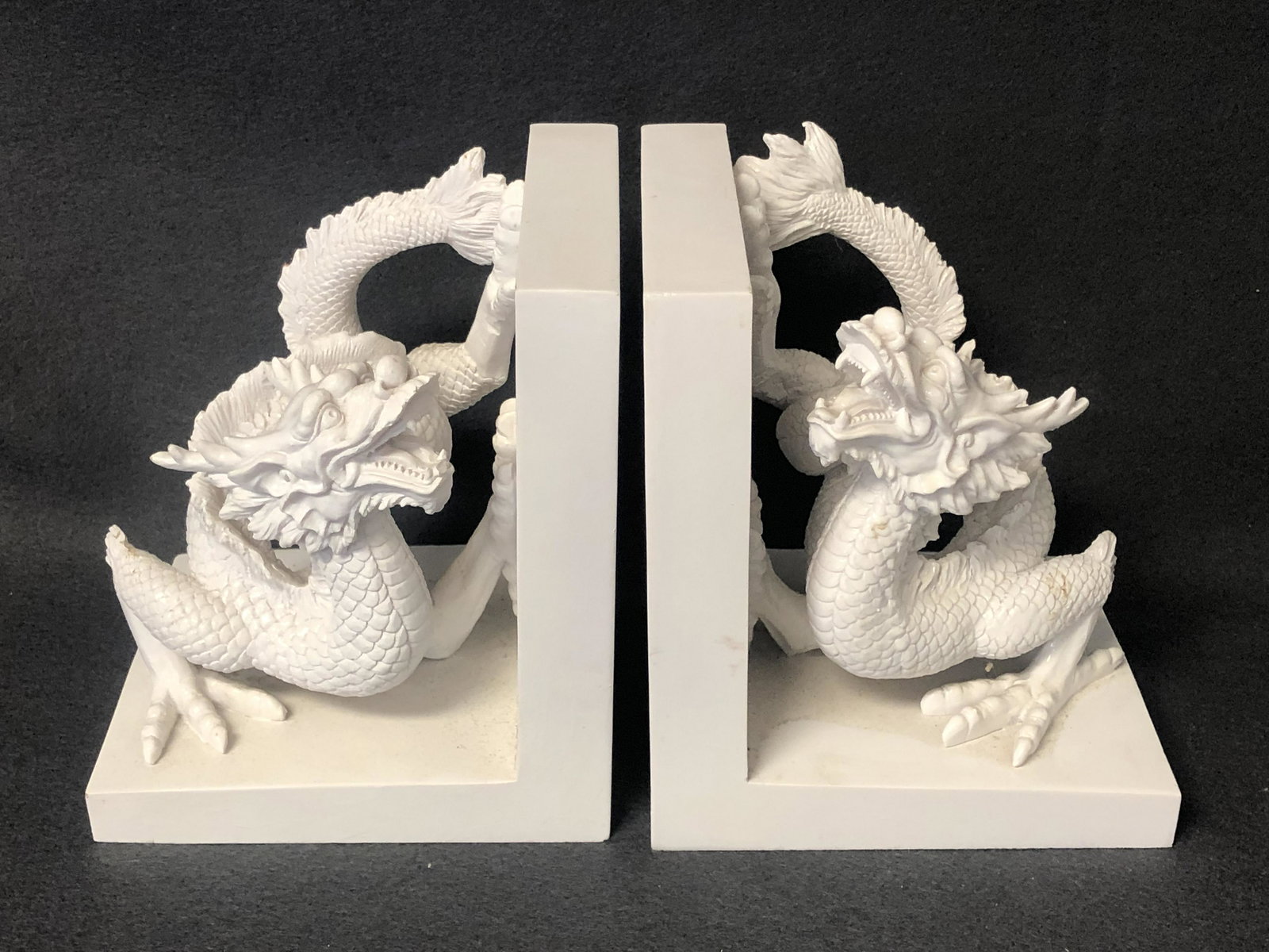 Pr Chinese Porcelain Dragon Bookends - On Stone, 5.5'' (1 of 5)