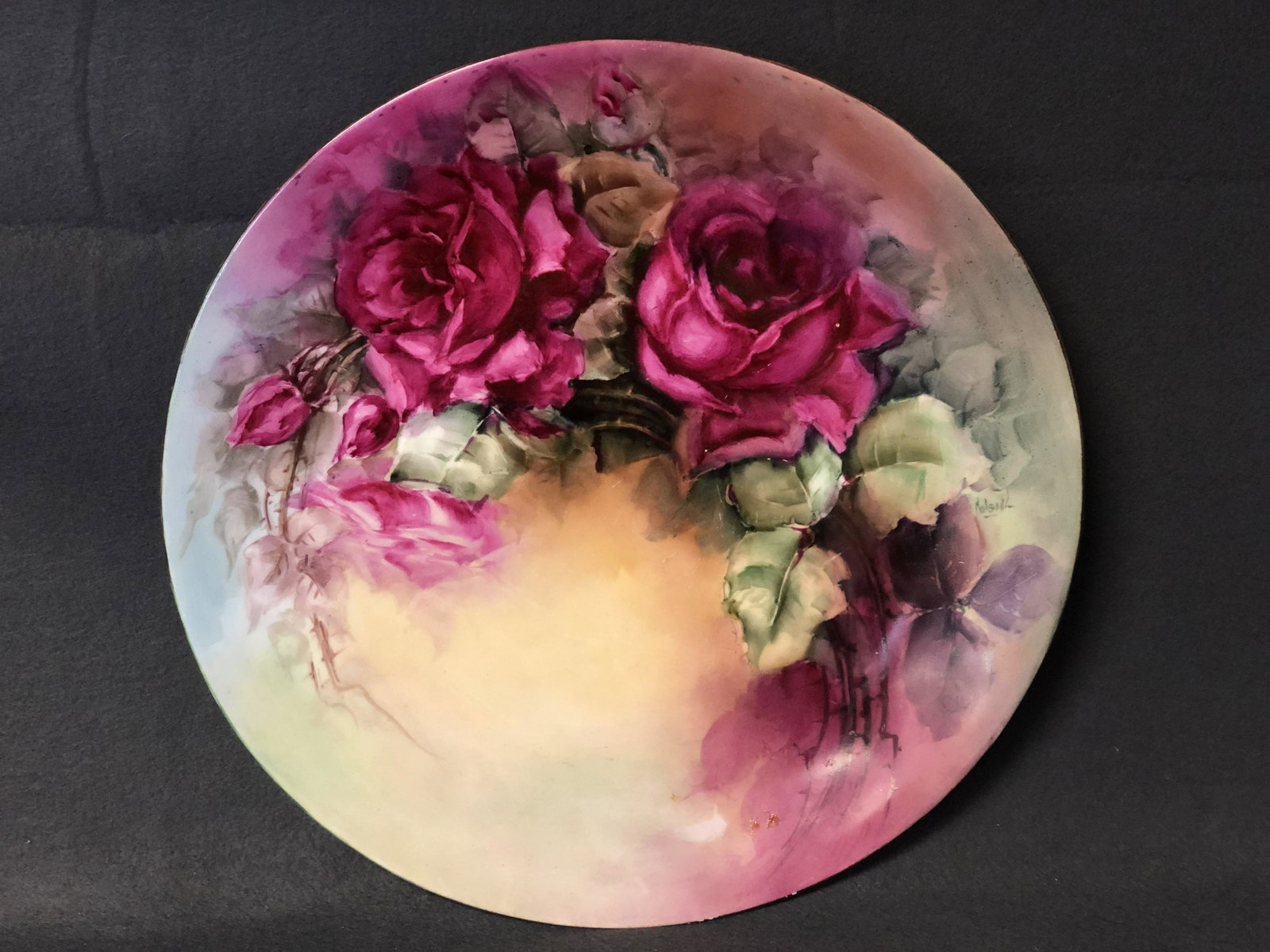 B&C Limoges Signed Platter, 13.5'' x 1.75'' - Singed: B&C Limoges Signed Platter, 13.5'' x 1.75'' - Singed 'Kelsik' w/ Rose Motif