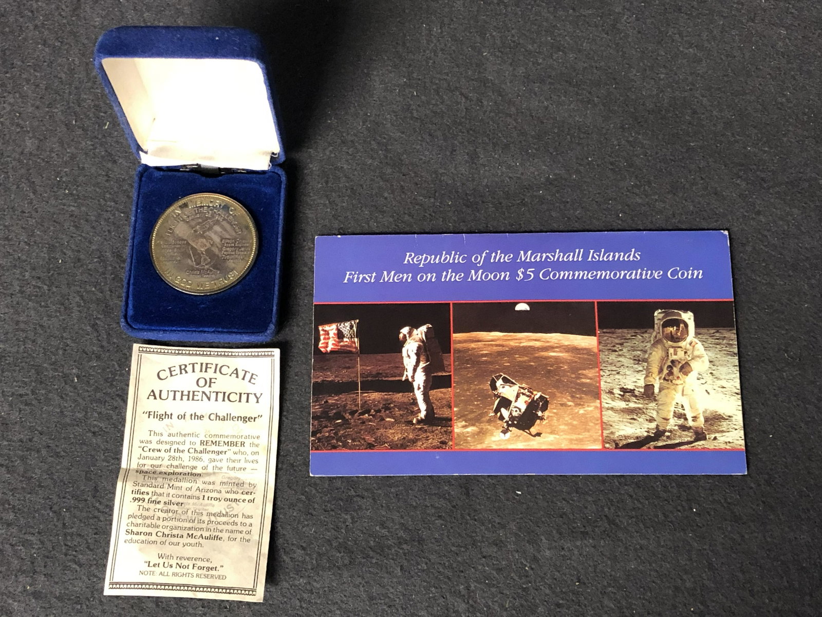 Space Commemorative Coins - $5 'First Men on the Moon: Space Commemorative Coins - $5 'First Men on the Moon Coin' + 1 oz. .999 Fine Silver 'In Memory of Flight of the Challenger' Coin w/ Certificate