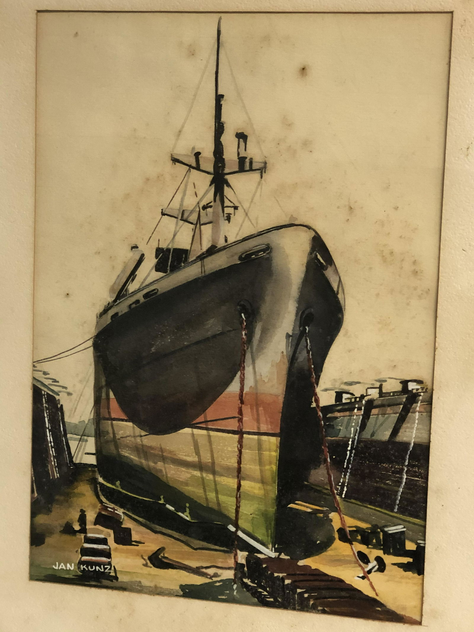 1947 Signed 'Jan Kunz' Watercolor of Ship - Framed 13'' (1 of 5)