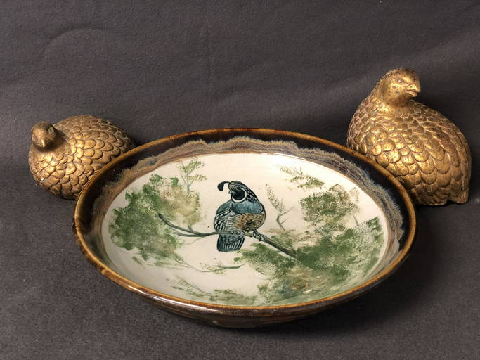 Signed G.gould Quail Pottery Bowl W/ Figures 1960s