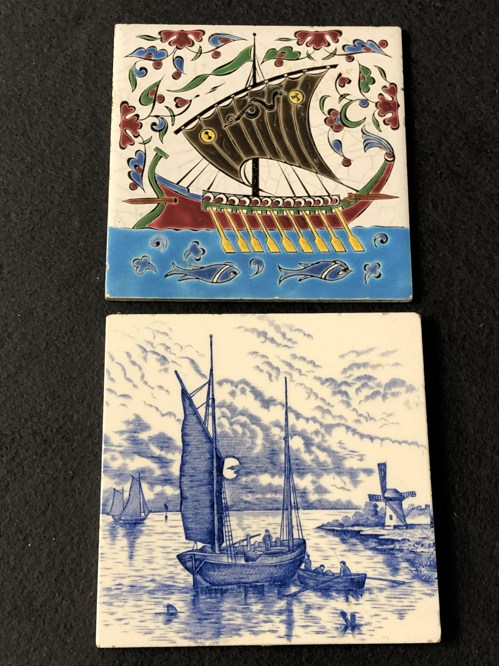 (2)Vtg Tiles - Viking Ship & Sailboat, 6'' x 6'' - A.E. (1 of 3)