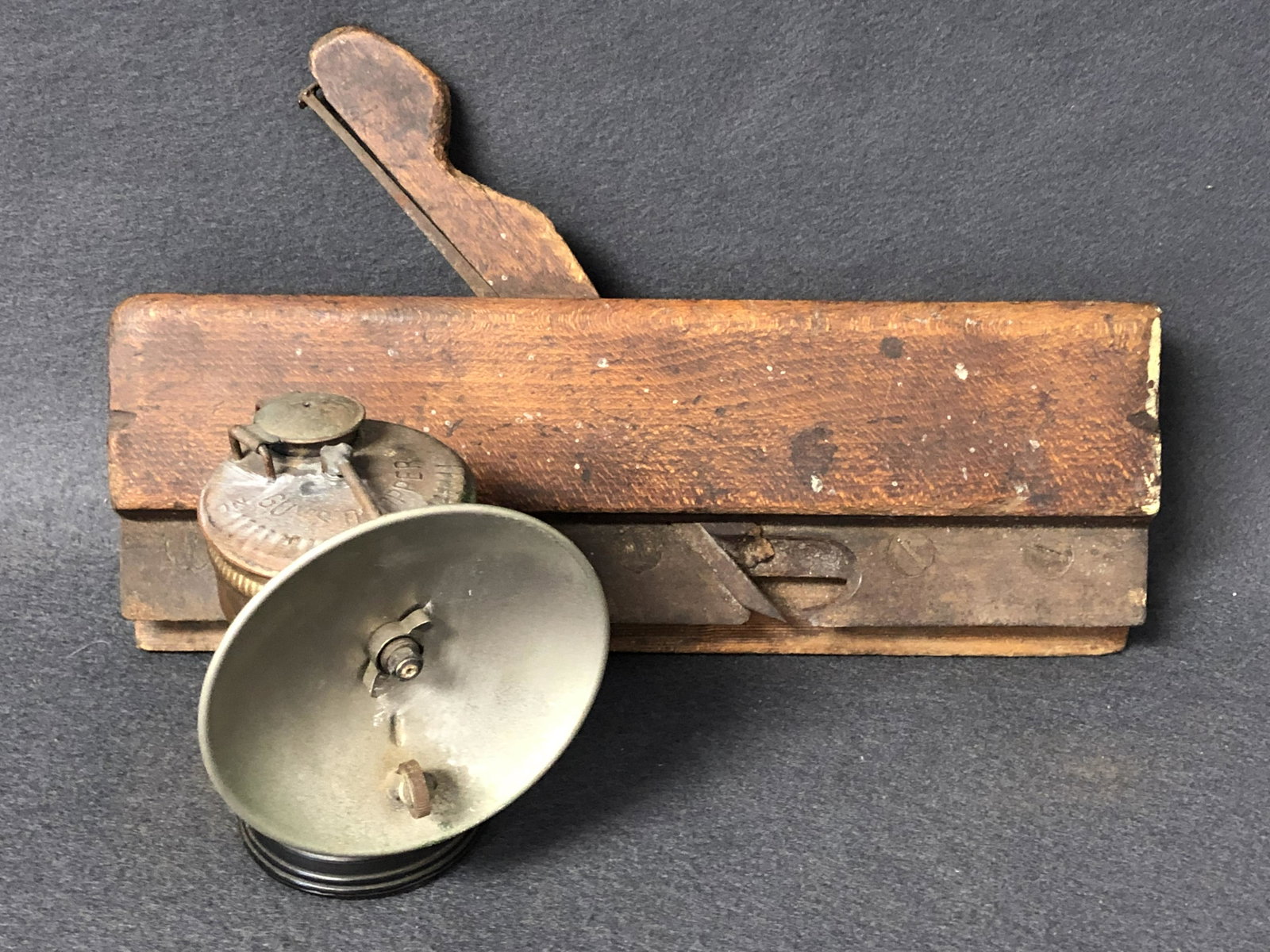 Atq Guys Doppler Miners Lamp, Wood Plane - Ohio Company: Atq Guys Doppler Miners Lamp, Wood Plane - Ohio Company Molding Plane, Miners Carbide Lamp