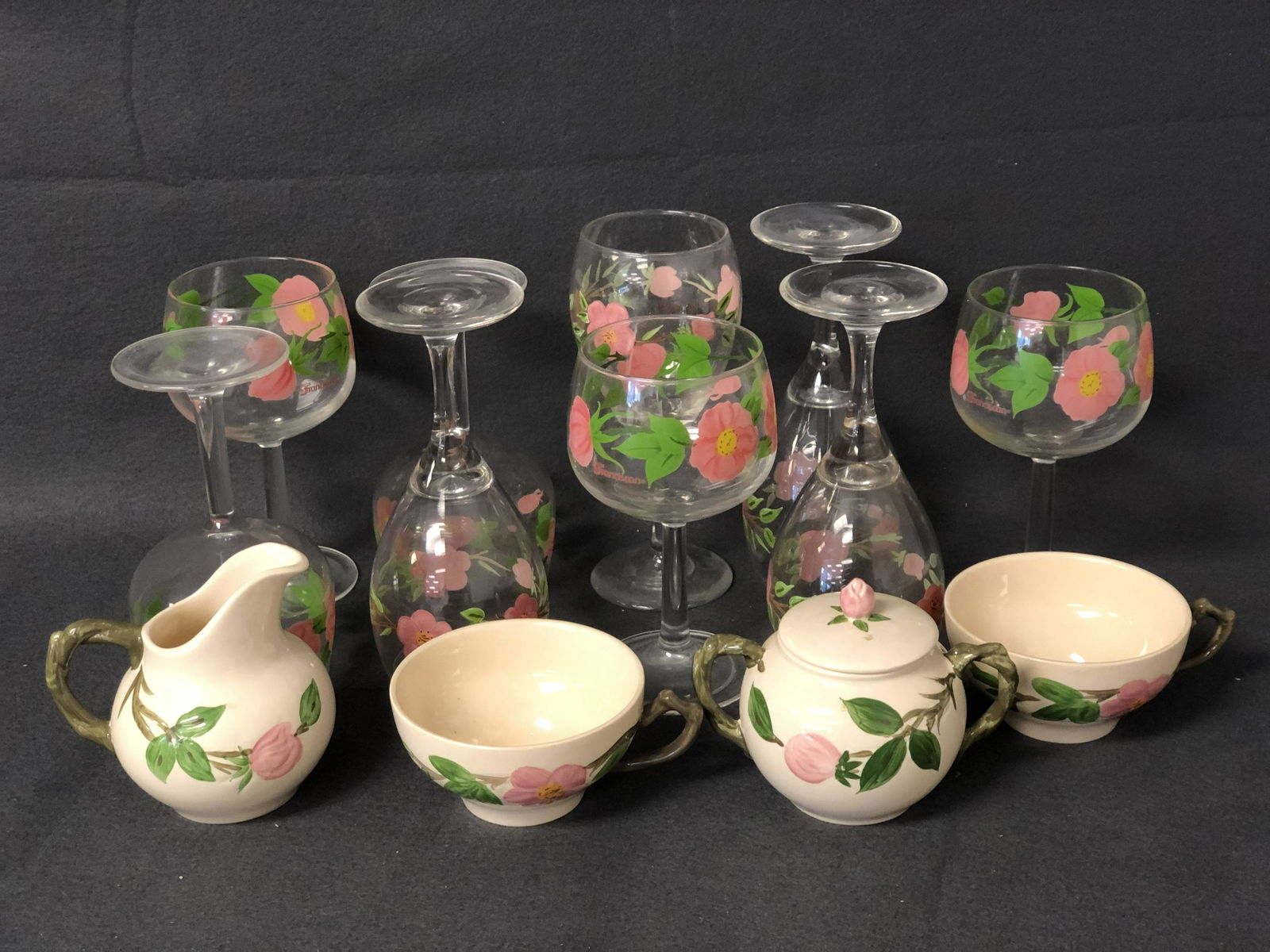 Franciscan Desert Rose China, Stemware - Creamer +: Franciscan Desert Rose China, Stemware - Creamer + Sugar, (2)Cups, (9)Stemware in Two Different Styles 3.25'' x 6.5'' + 2.75'' x 7.25''